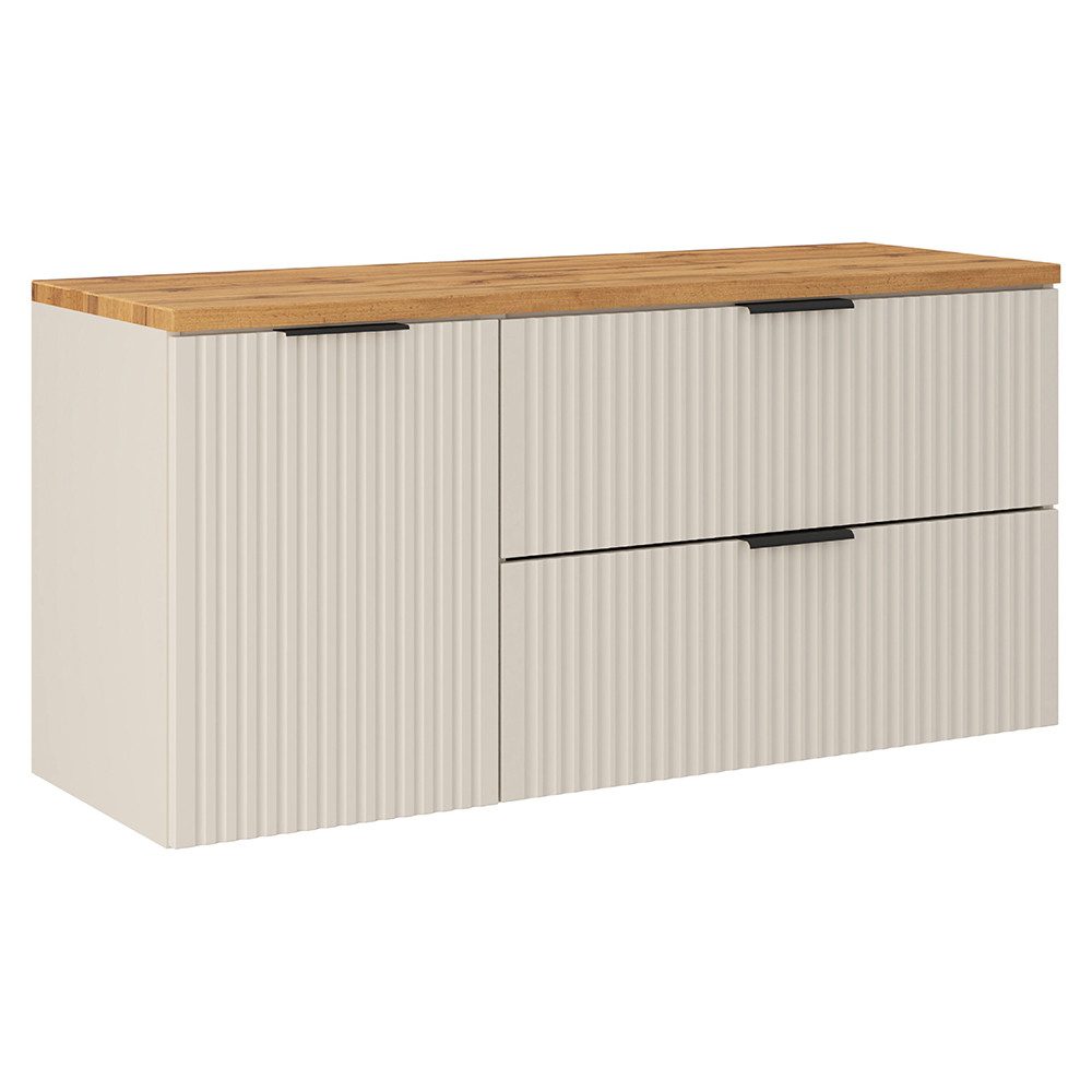 Lomadox Waschbeckenschrank ADELAIDE-56-CASHMERE 120 cm breit in kaschmir und Eiche, gerillte Front, inkl. Wäschekorb