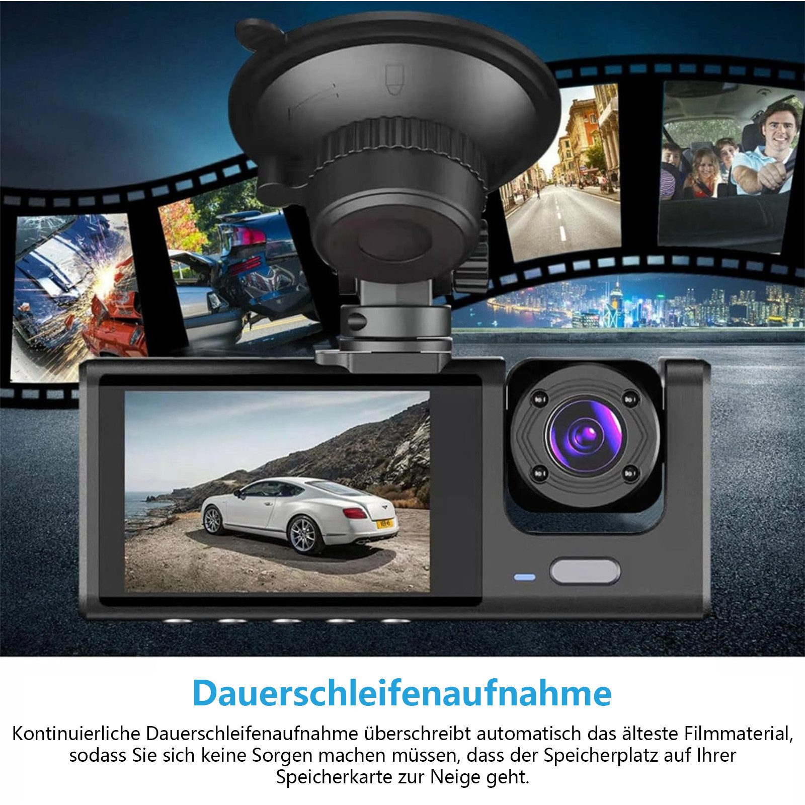 MOPUEA 3-Kamera Dashcam Auto 1080P Full HD Front Innen Rückkamera Dashcam (Nachtsicht Parküberwachung Bewegungserkennung Auto Kamera, Dual Aufnahme vorne und in – Bild 4 von 5