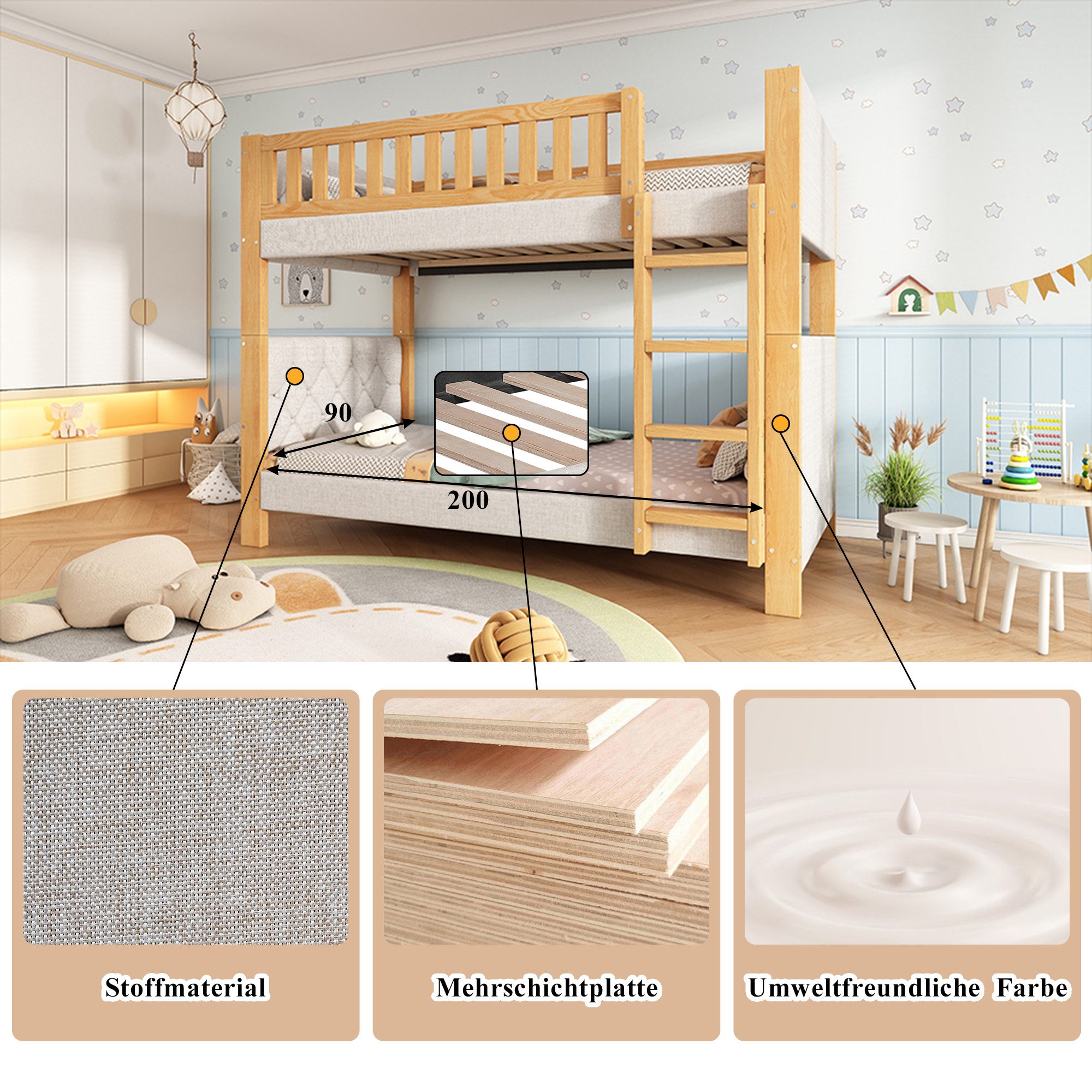 Flieks Bunk Bed, Children's Bed 90x200cm with Anti-Collision Sponge Edge and Fall Protection