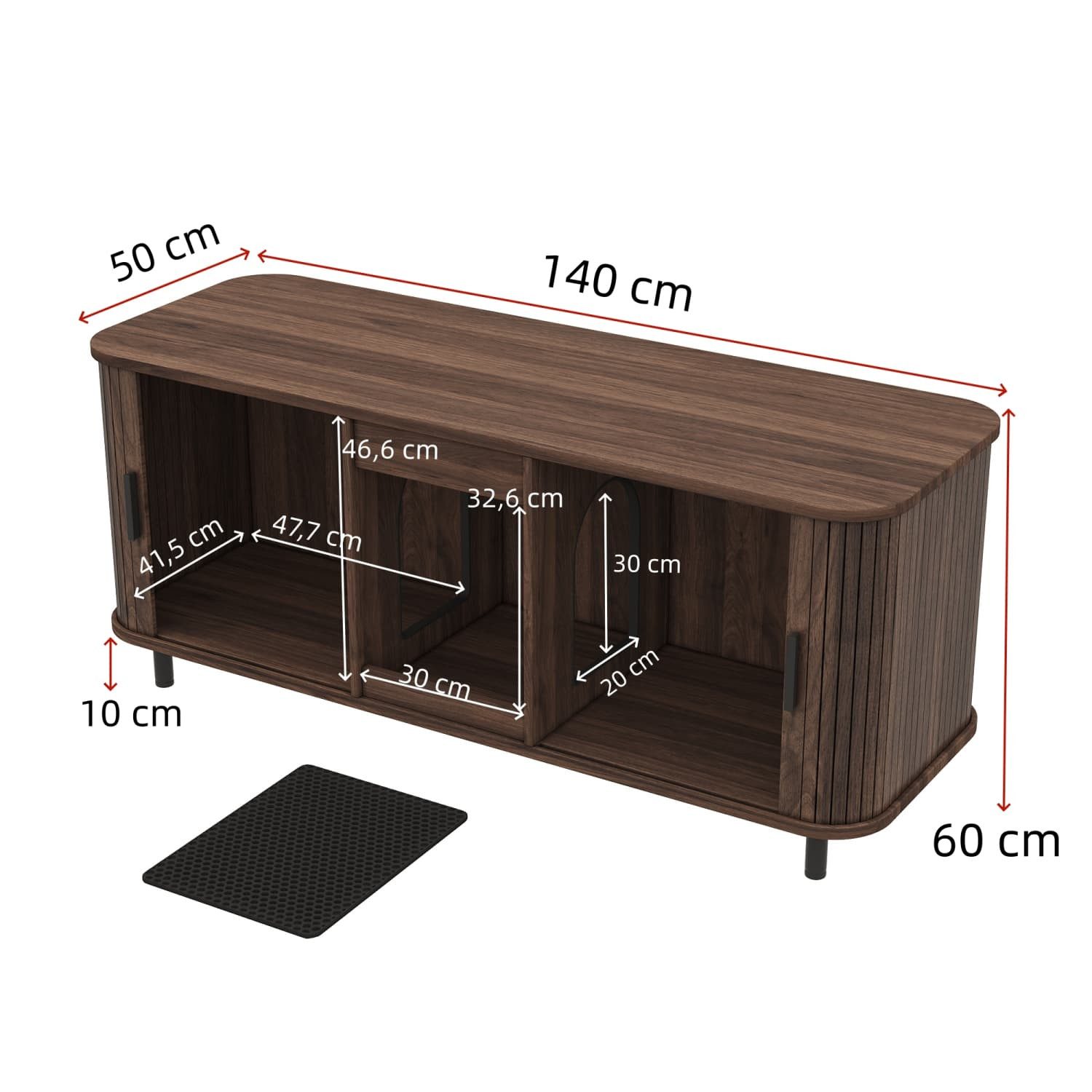 ANYSUN Tierhaus 2-in-1 Katzentoilettenschrank mit 2 Schiebetüren,2 Katzentoiletten, Sideboard mit 2 Fächer,Streuauffangmatte,Nussbaum,140×50×60cm