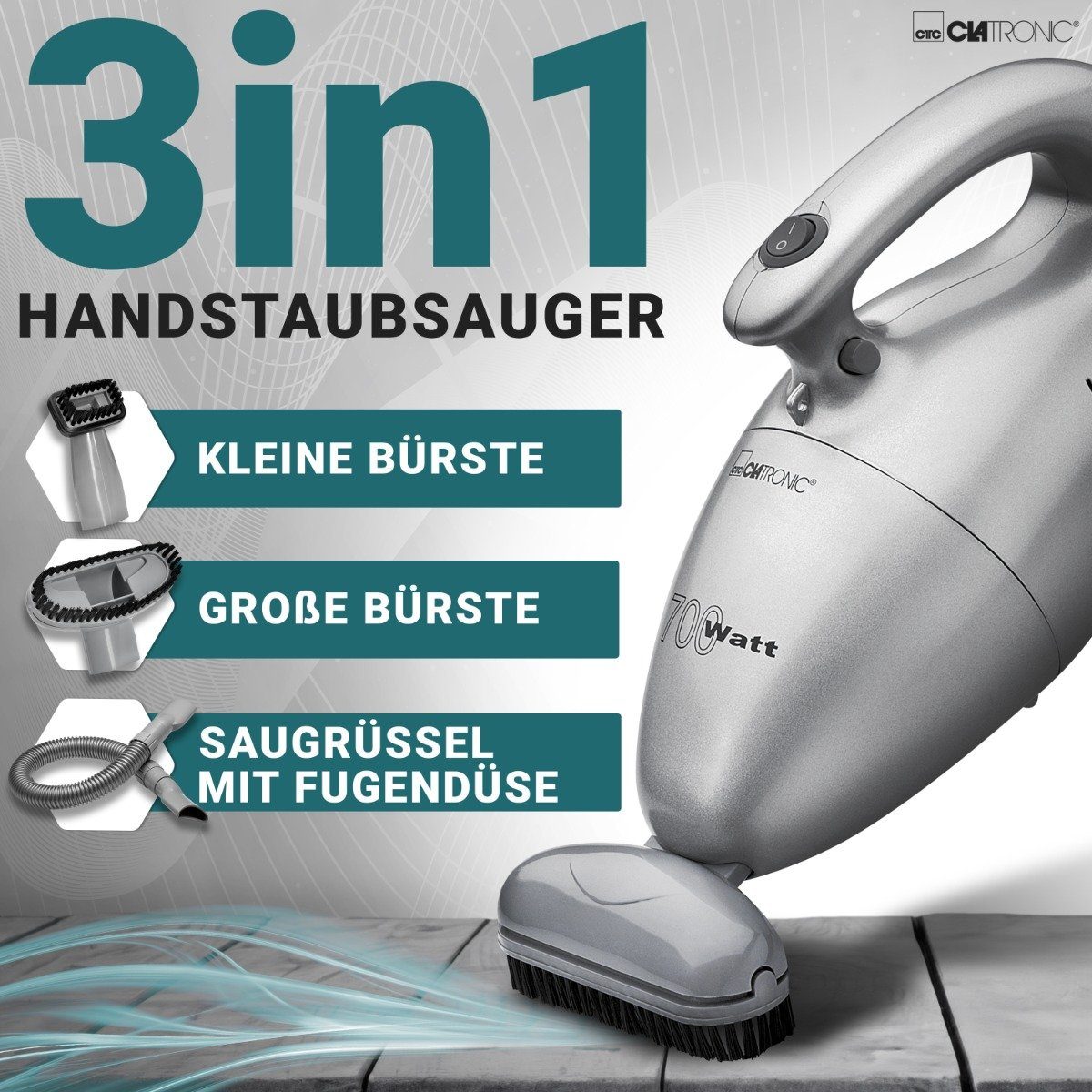 CLATRONIC Handstaubsauger HS 2631, Handstaubsauger mit 700 Watt & geringem Gewicht silberfarben
