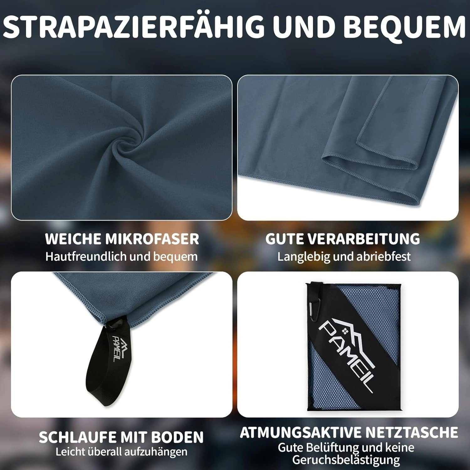 Pameil Reisehandtuch Pameil Reisehandtuch 3er-Set aus Mikrofaser mit praktischer Netztasche, (Set, 3-St), Schnelltrocknend, saugstark und leicht für Sport, Reis – Bild 5 von 5