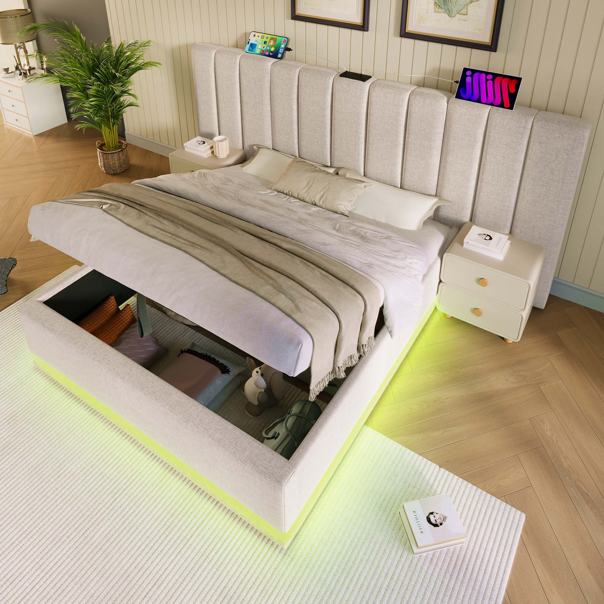 REDOM Polsterbett Stauraumbett mit Lattenrost (Doppelbett, Funktionsbett mit Bettkasten und Lattenrost, 1-tlg., 160×200cm, ohne Matratze), mit App-Steuerung LED und USB-C Ladefunktion