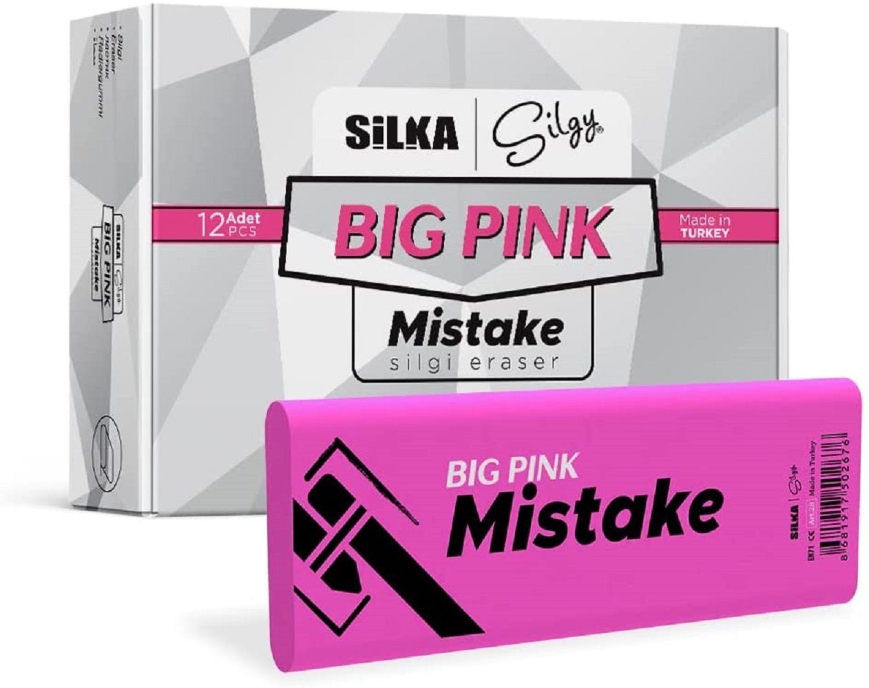 SiLKA Radiergummi Silka 12 Stück Radiergummis, Big Pink Radierer für Kinder und Erwachs