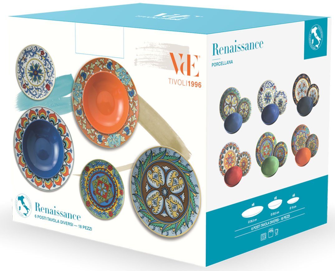 Villa d'Este Teller-Set Renaissance Personen, Porzellan, 6 Service, Tafelservice, 18 für (18-tlg), Geschirr-Set Teile, Personen 6