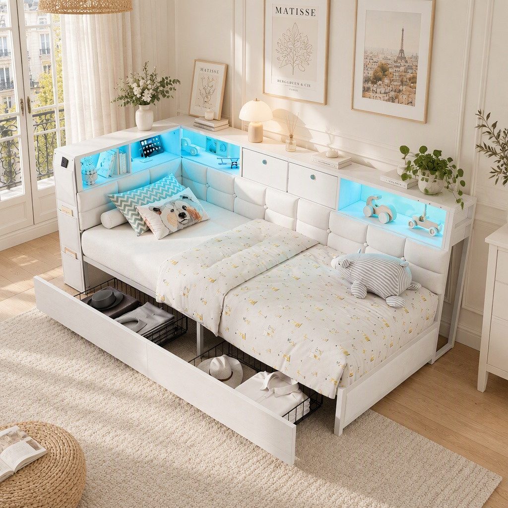 Simurq Einzelbett Polster-Einzelbett 90x200 Eck-Kopfteil, Regalen, LED, USB,2 Schubladen