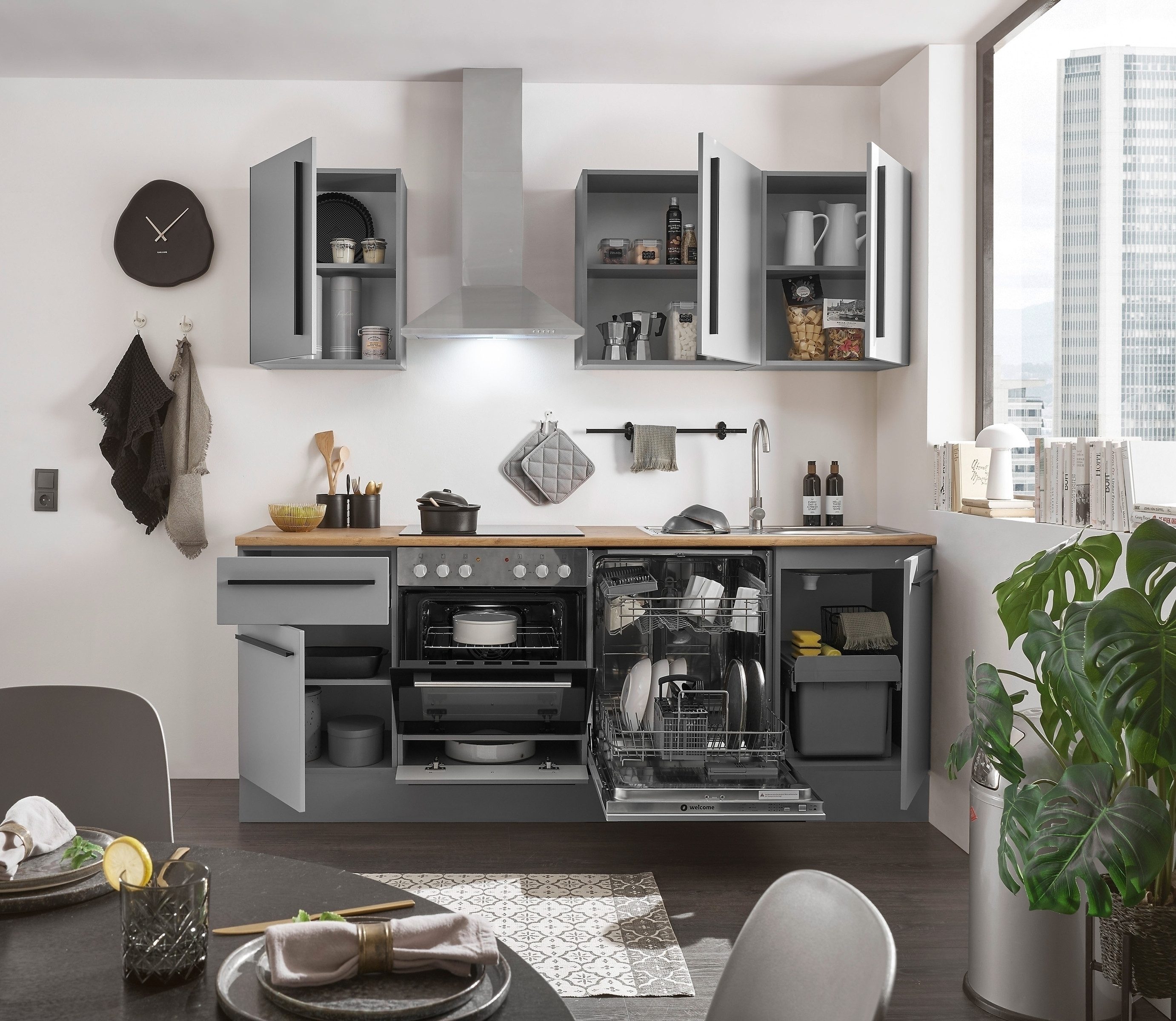 BEGA BBK Küchenzeile Grau / Grau matt mit Lancelot Eiche Dekor - 220x211x60cm (BxHxT)