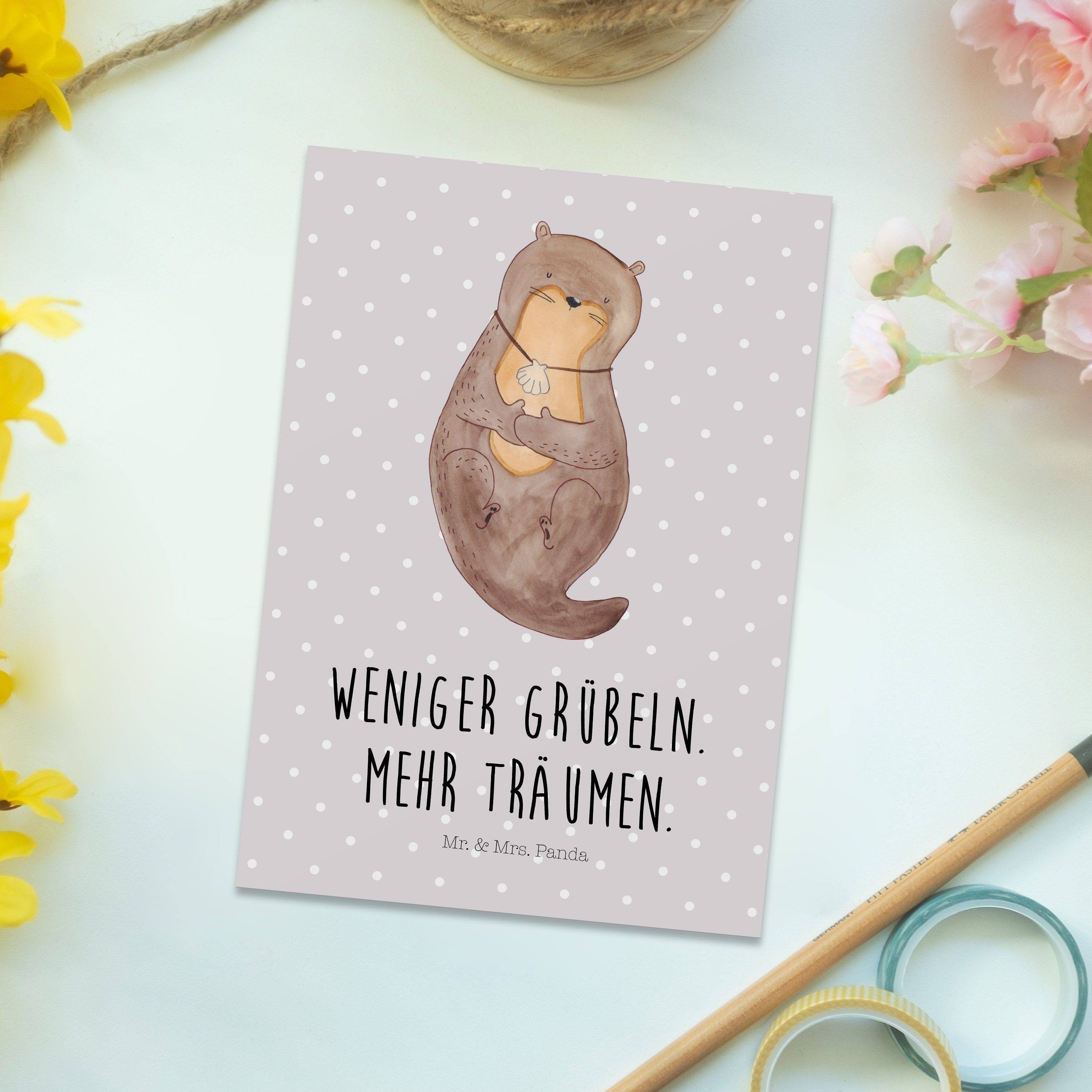 Panda Pastell Otter See Mrs. mit & - Otterliebe, Grau Geschenk, - Muschelmedaillon Postkarte Mr.