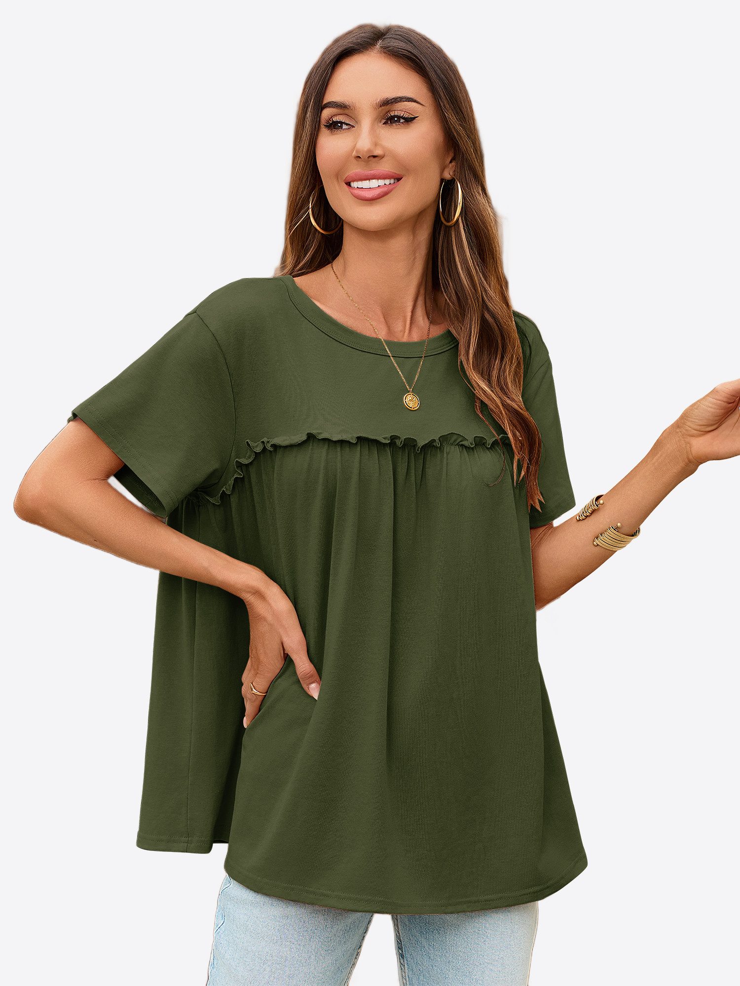 Imily Bela T-Shirt Damen mit Rüschen Rundhals Lässig Oberteil Alltag Freizeit (Packung, 1-tlg., 1per-Pack) mit Rundhalsausschnitt in Unifarbe