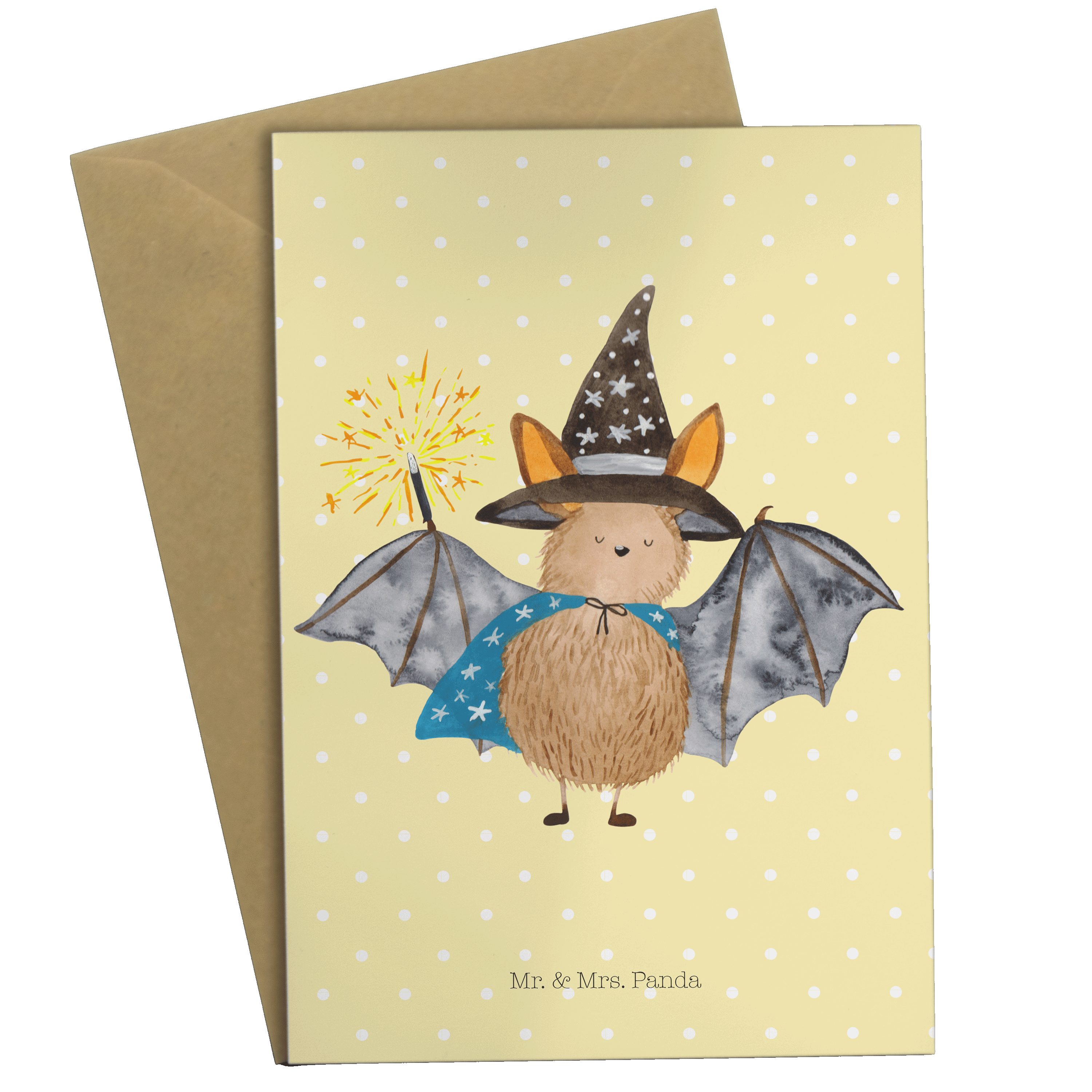 Mr. & Mrs. Panda Grußkarte Fledermaus Zauberer - Gelb Pastell - Geschenk, Einladungskarte, Karte