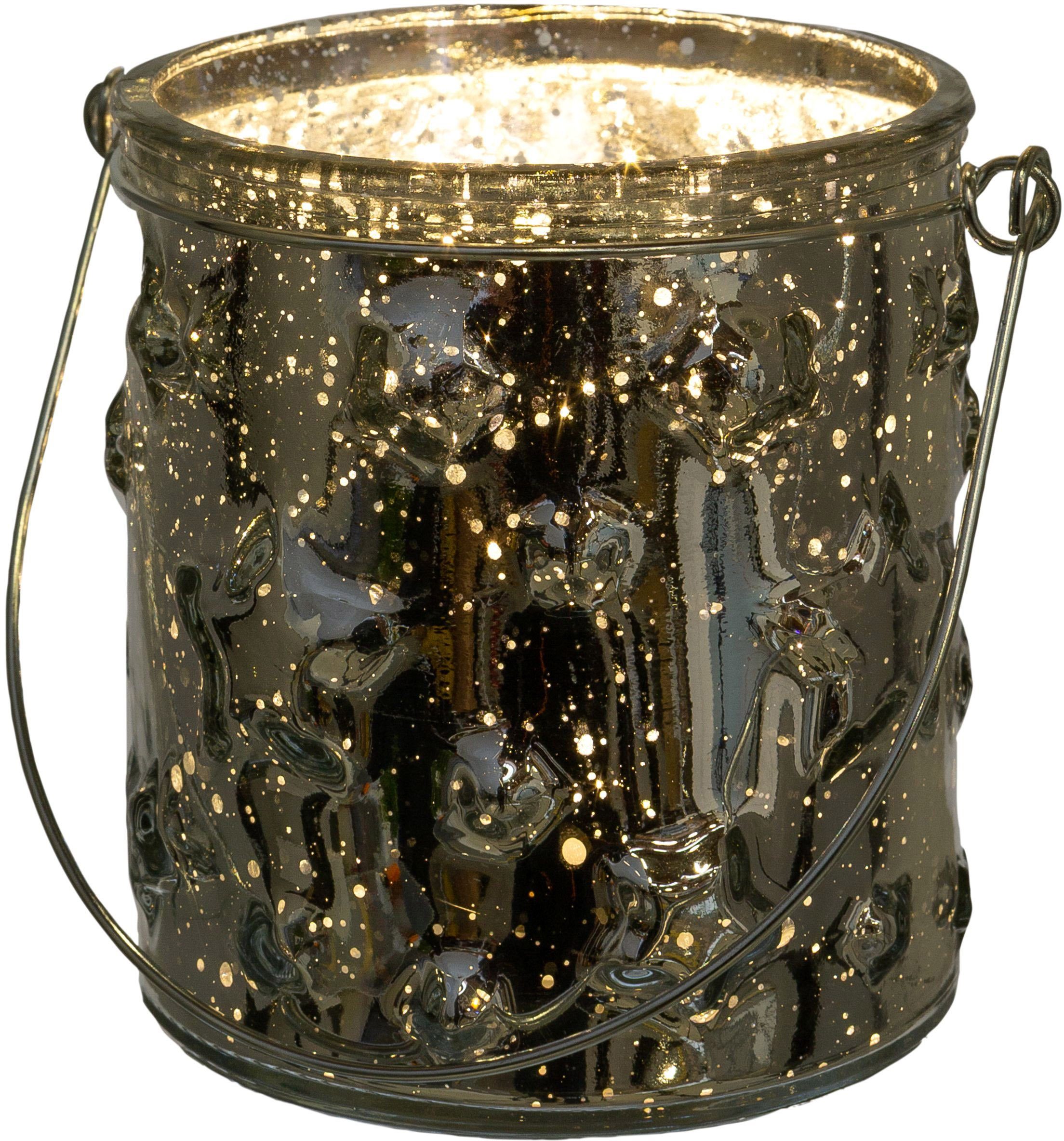 Creativ deco Windlicht (4 silberfarben Glas St), Stern-Struktur Weihnachtsdeko mit