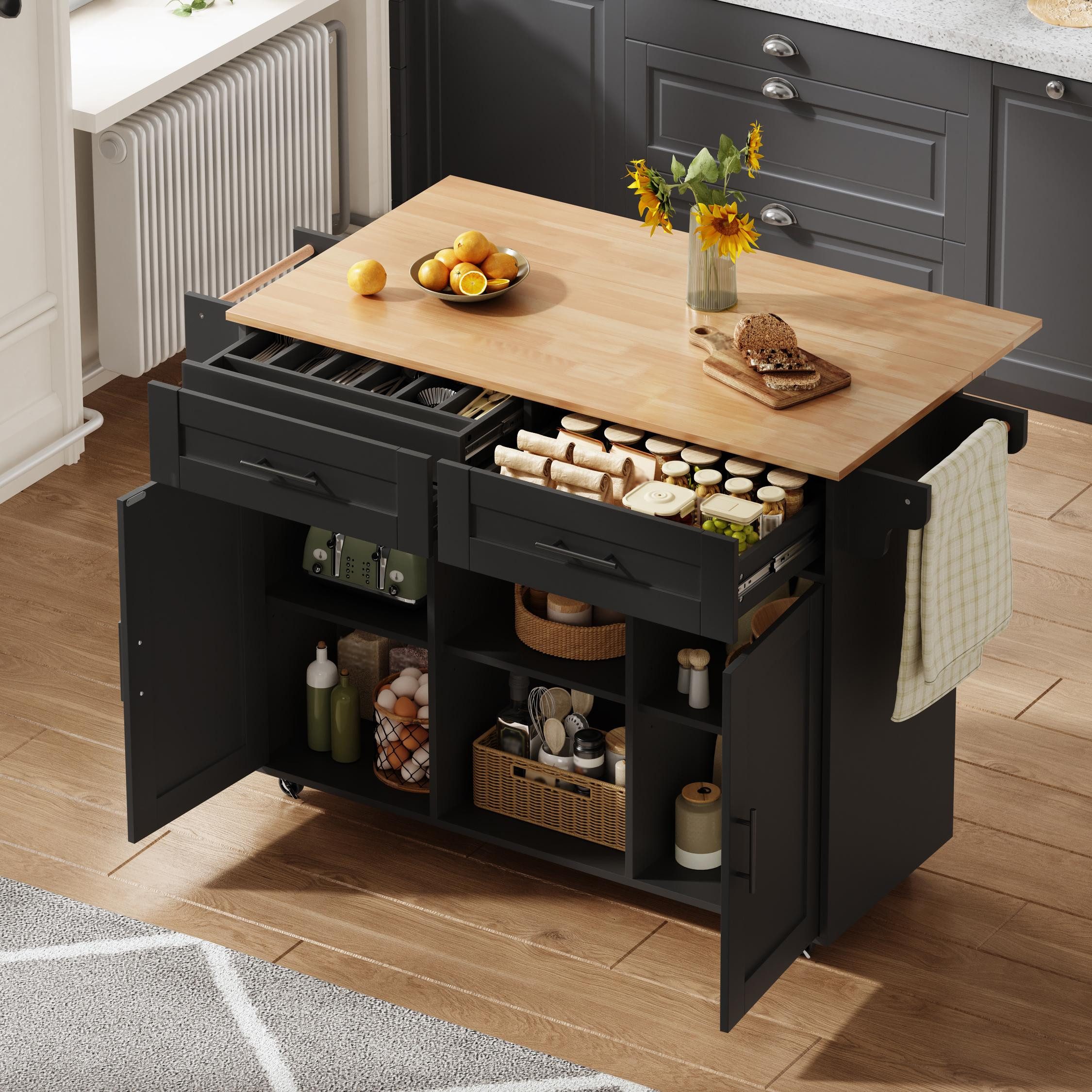 STILVORA Küchenwagen multifunktionale Kücheninsel mit klappbarer Arbeitsplatte 5 Rollen, Servierwagen mit verstellbaren Regalen verdeckter Besteckschublade