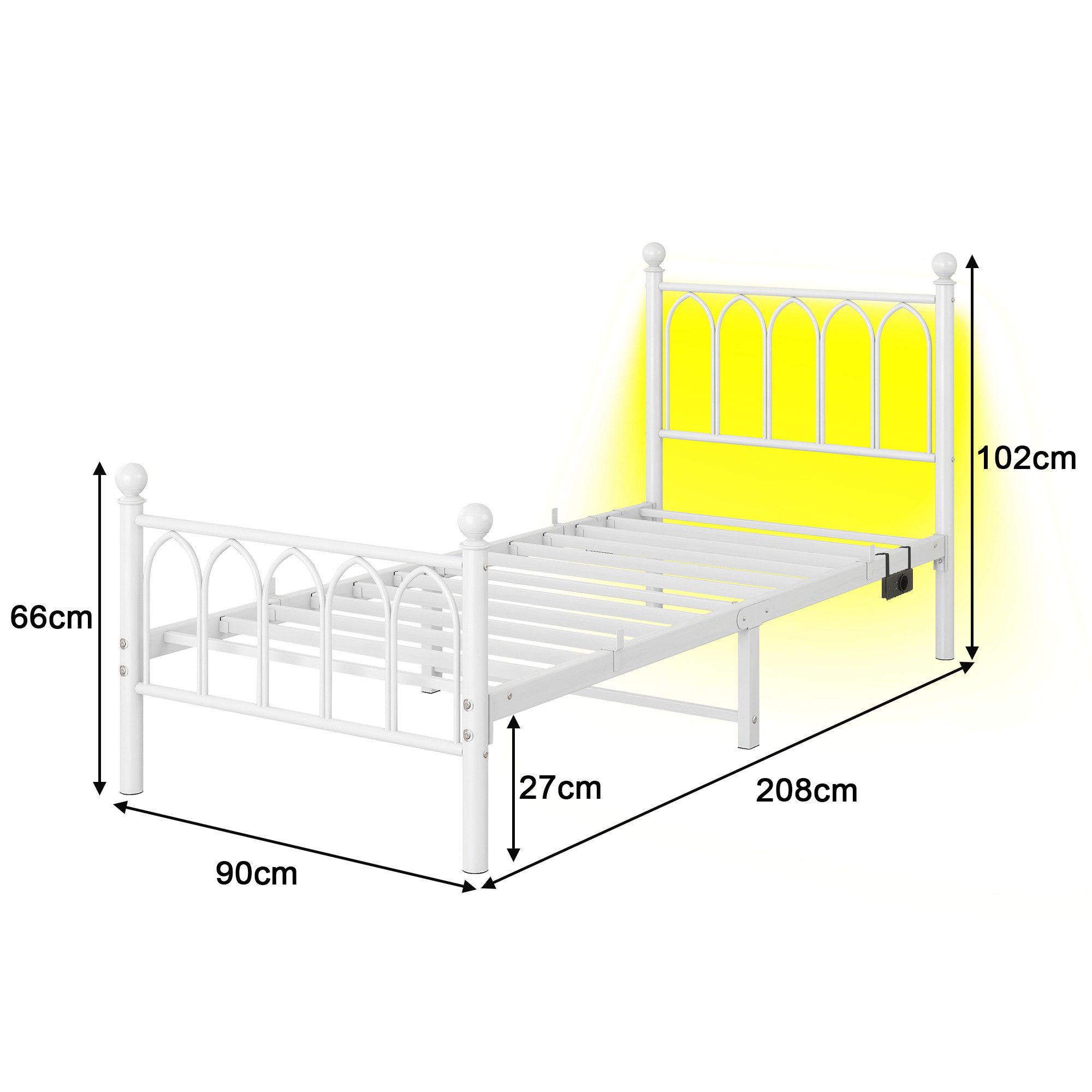 HOMERECOMMEND Metallbett Minimalistischer Bettrahmen mit komfortablem Kopfteil Gästebett (1-tlg), Metallbett mit Lattenrost und LED-Beleuchtung, 90x200cm – Bild 2 von 5