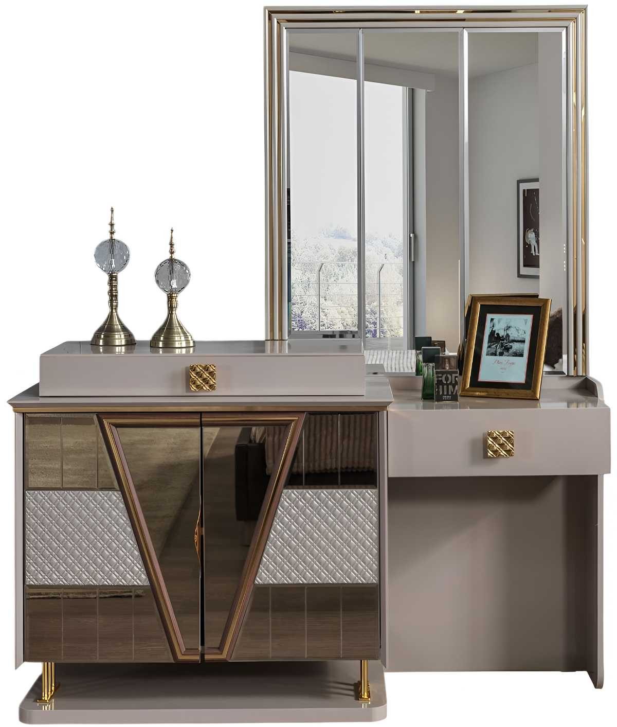 JVmoebel Schminktisch Schminktisch Modern Beige Goldeinsätze Designer-Schminktisch Spiegel