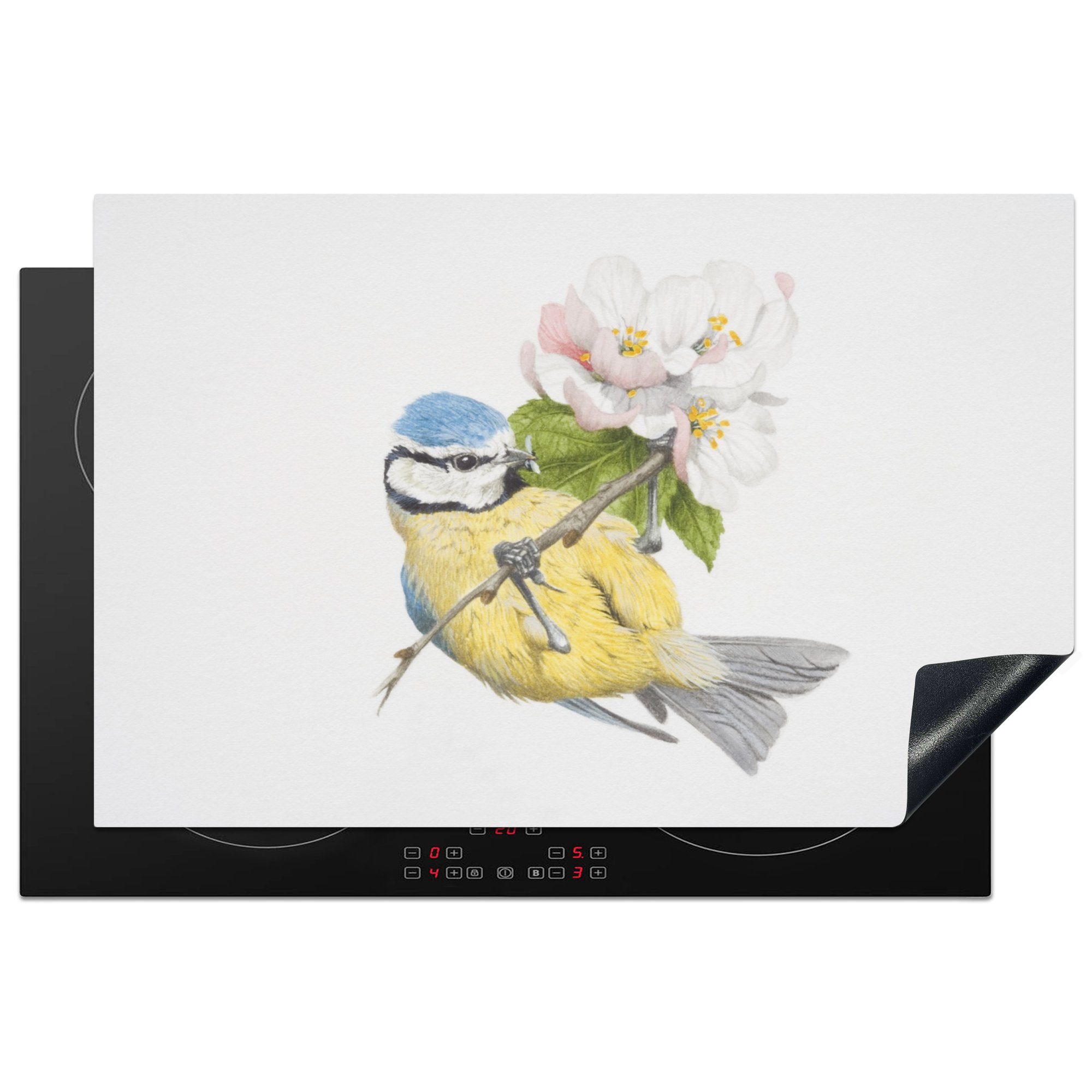 MuchoWow Herdblende-/Abdeckplatte 81x52 (1 küche, cm, Ceranfeldabdeckung Schutz Vogel - - tlg), Induktionskochfeld Vinyl, Blumen, die für Illustration