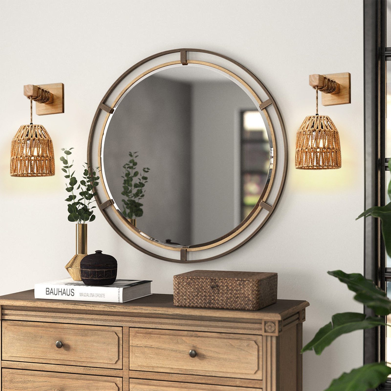 LMaxhome LED Wandleuchte Vintage Wandlampe Innen mit Fernbedienung, Rattan Boho Lampenschirm, 2St., LED wechselbar, 3000 K/4500 K/6500 K und RGB-Farbe, mit E27  – Bild 3 von 5