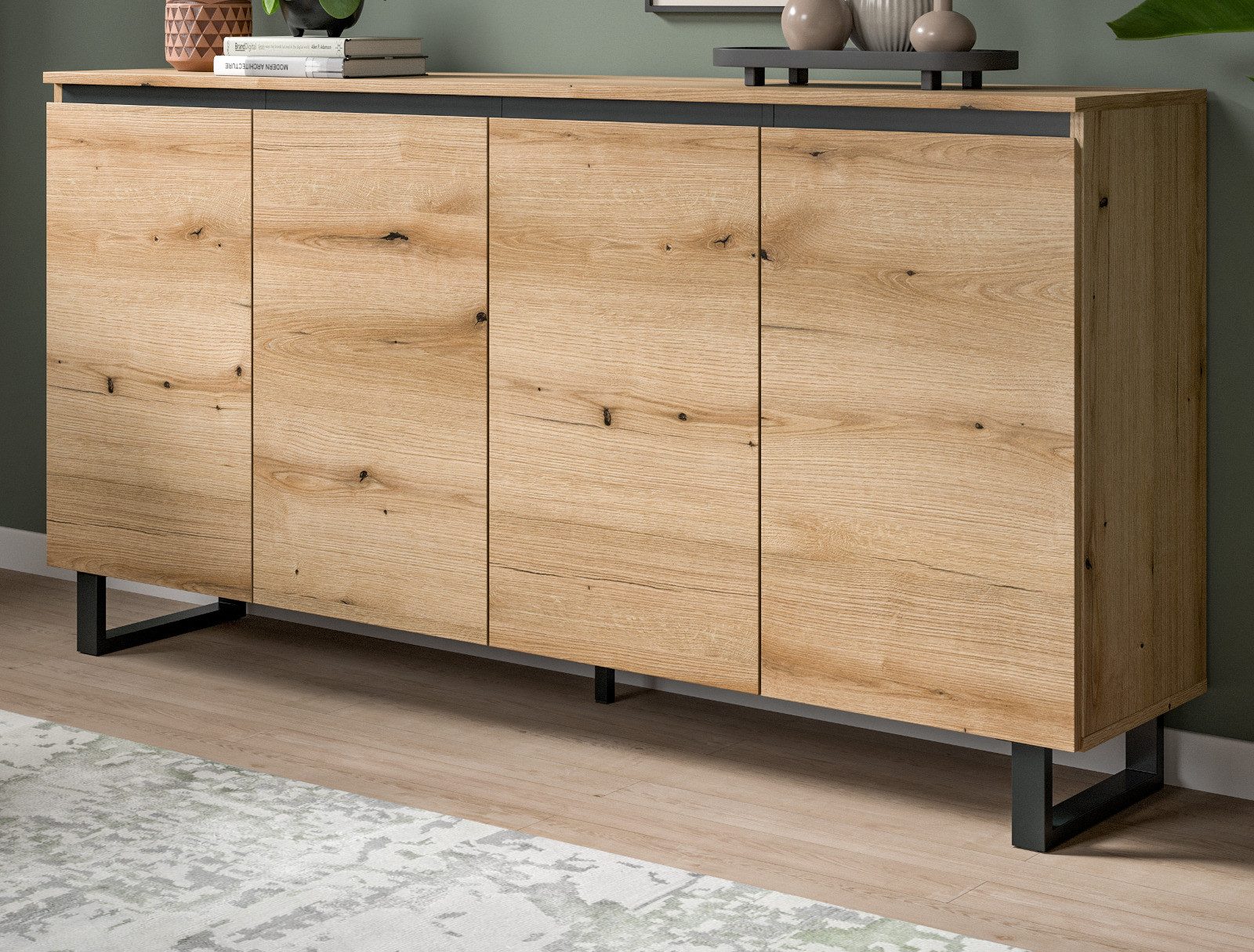 Inn.Furn Sideboard Gelia (Kommode in Evoke Eiche mit Schwarz, 4-türig, 160 x 84 cm), 8 Fächer und Soft-Close-Funktion