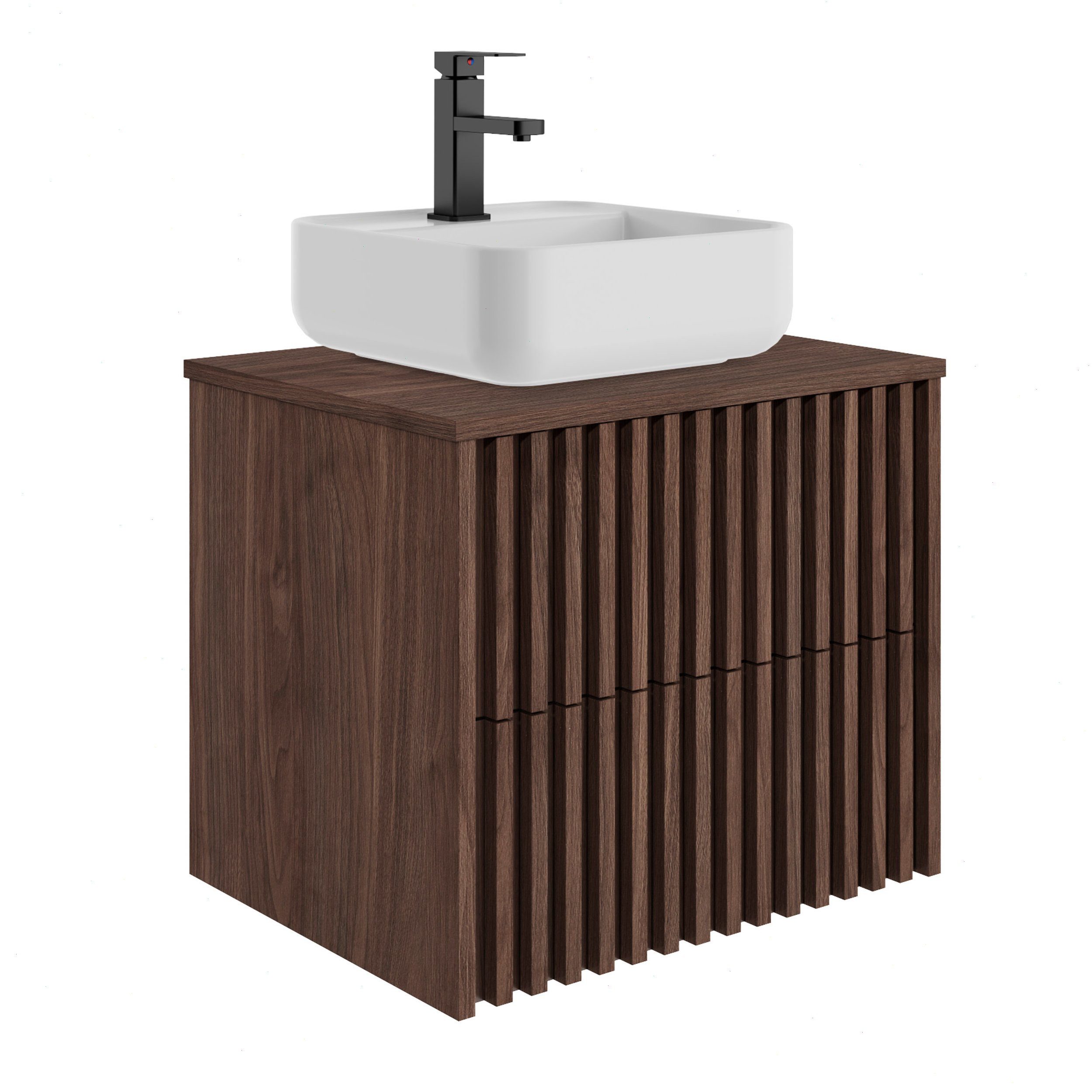 UEV Waschtisch mit Unterschrank hängend Rechteckiges Keramikwaschbecken (Komplett-Set Badmöbel, Badezimmmer Schrank, mit Wasserhahn und Pop-up-Ablassventil Aufsatz-Waschbecken), Soft-close Schubladen,Waschbeckenunterschrank mit 2 Schubladen