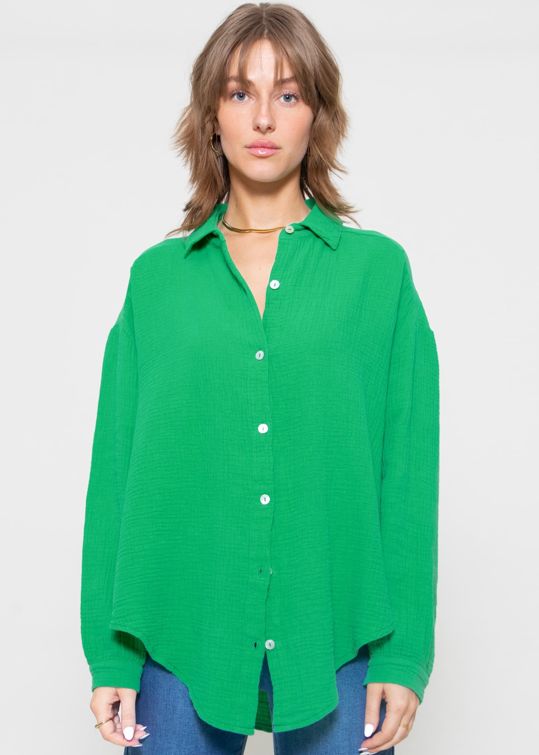 Longbluse Oversize Musselin Bluse Damen kurz Langarm Elegant