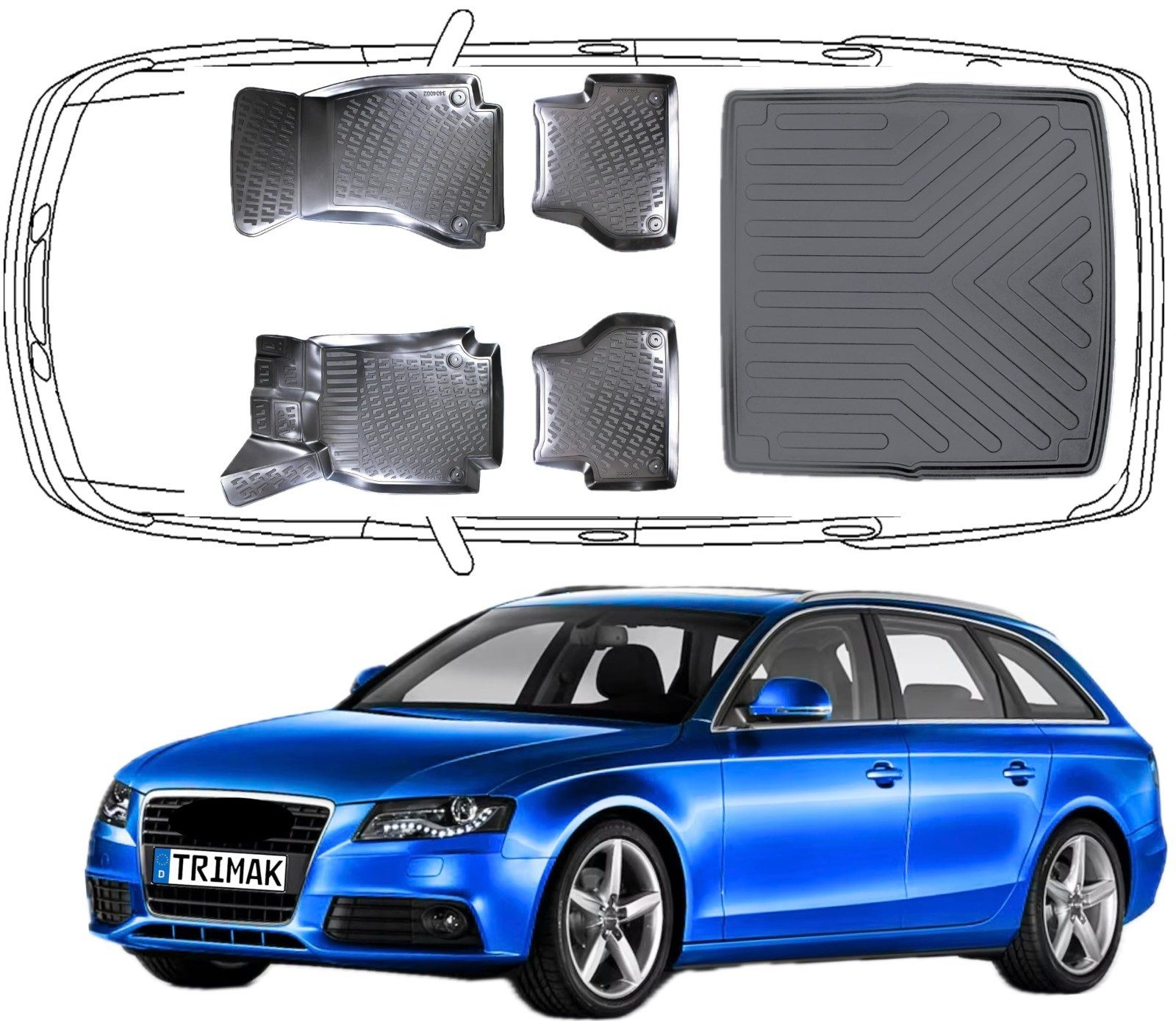 Trimak Passform-Fußmatten Oder Kofferraumwanne Oder Set kompatibel mit Audi A4, Audi A4 B8 Avant 2008-2015 Gummimatten Auto & Kofferraummatte TPE