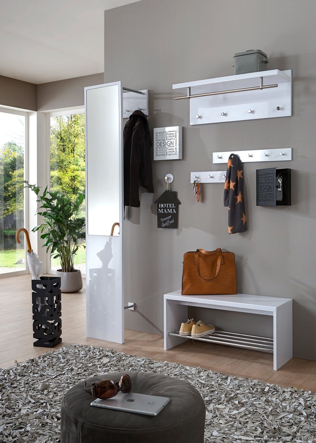 Garderobenleiste B 34 cm, Weiß Hochglanz, Chromfarben, mit 3 Haken günstig online kaufen