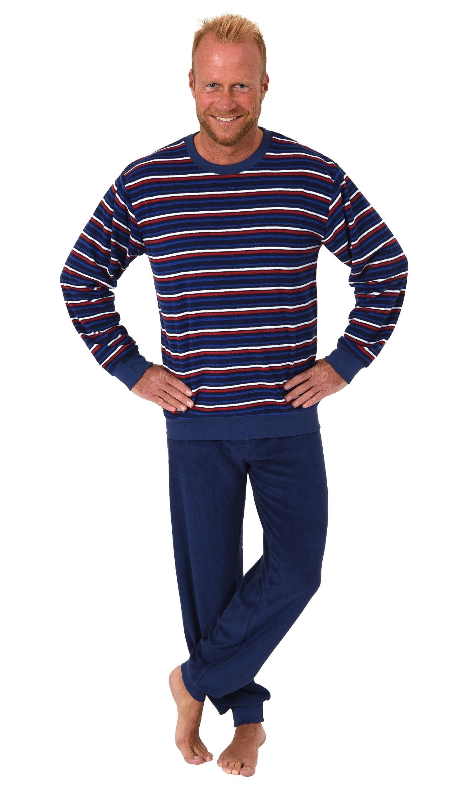 Normann Pyjama Herren Frottee Pyjama lang Schlafanzug mit Bündchen in Streifenoptik