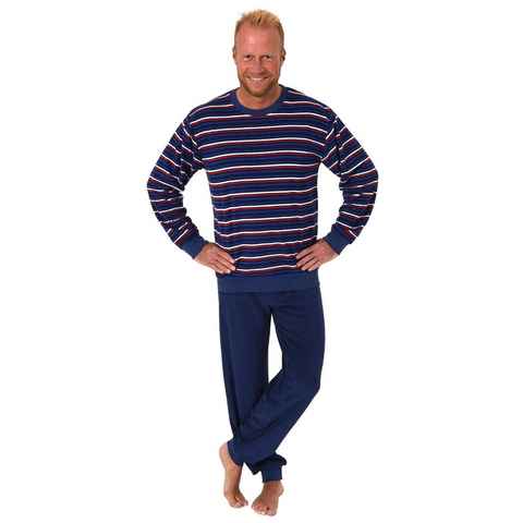 Normann Pyjama Herren Frottee Pyjama lang Schlafanzug mit Bündchen in Streifenoptik