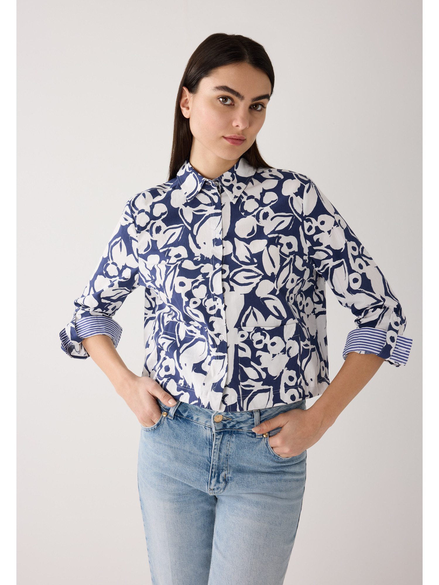 MORE&MORE Langarmbluse kurze, weite Flowerprint Bluse