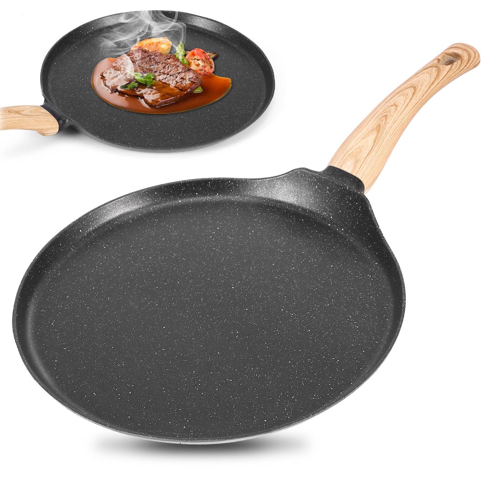 BlingBin Crêpepfanne 10 Zoll Crepe Pfanne Antihaftpfanne Omlettpfanne Pfannkuchen, Aluminiumguss (1er Set, 1-tlg., Vollkörper-Reisstein-Druckguss-Konstruktion), Flache Pfanne mit Holzgriff, Kompatibel Mit Allen Herdarten