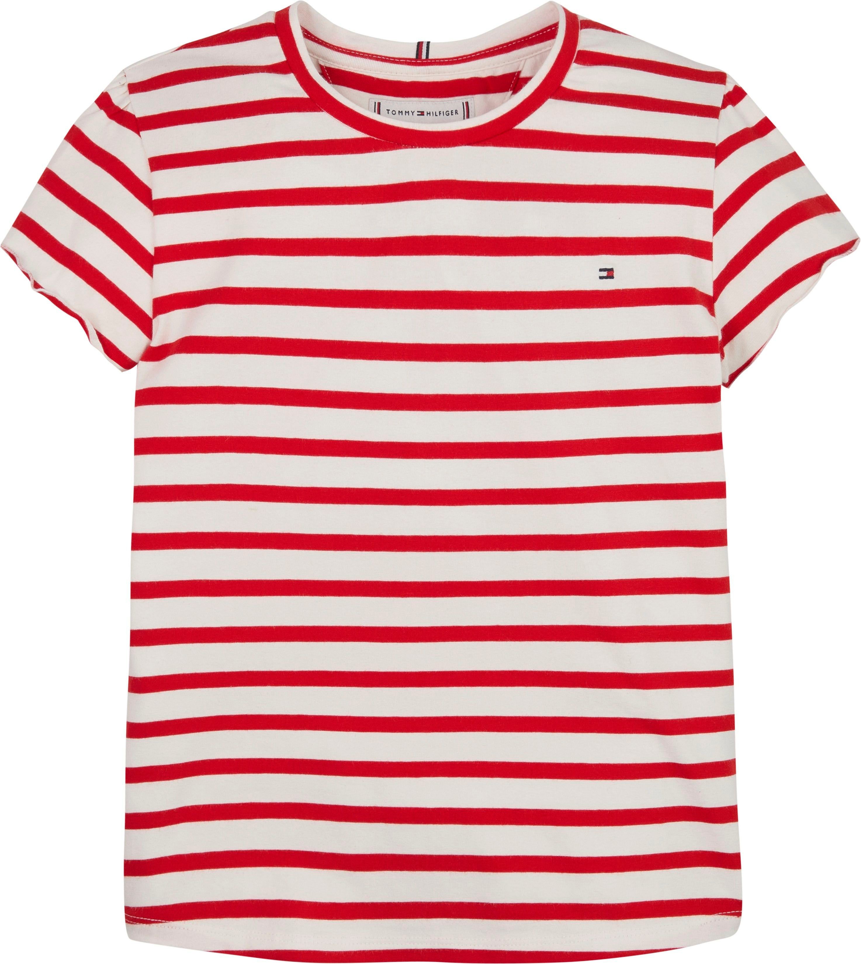 Hilfiger Deep-Crimson-Stripe gestreifter RUFFLE STRIPED in Optik S/S TOP T-Shirt SLEEVE Tommy