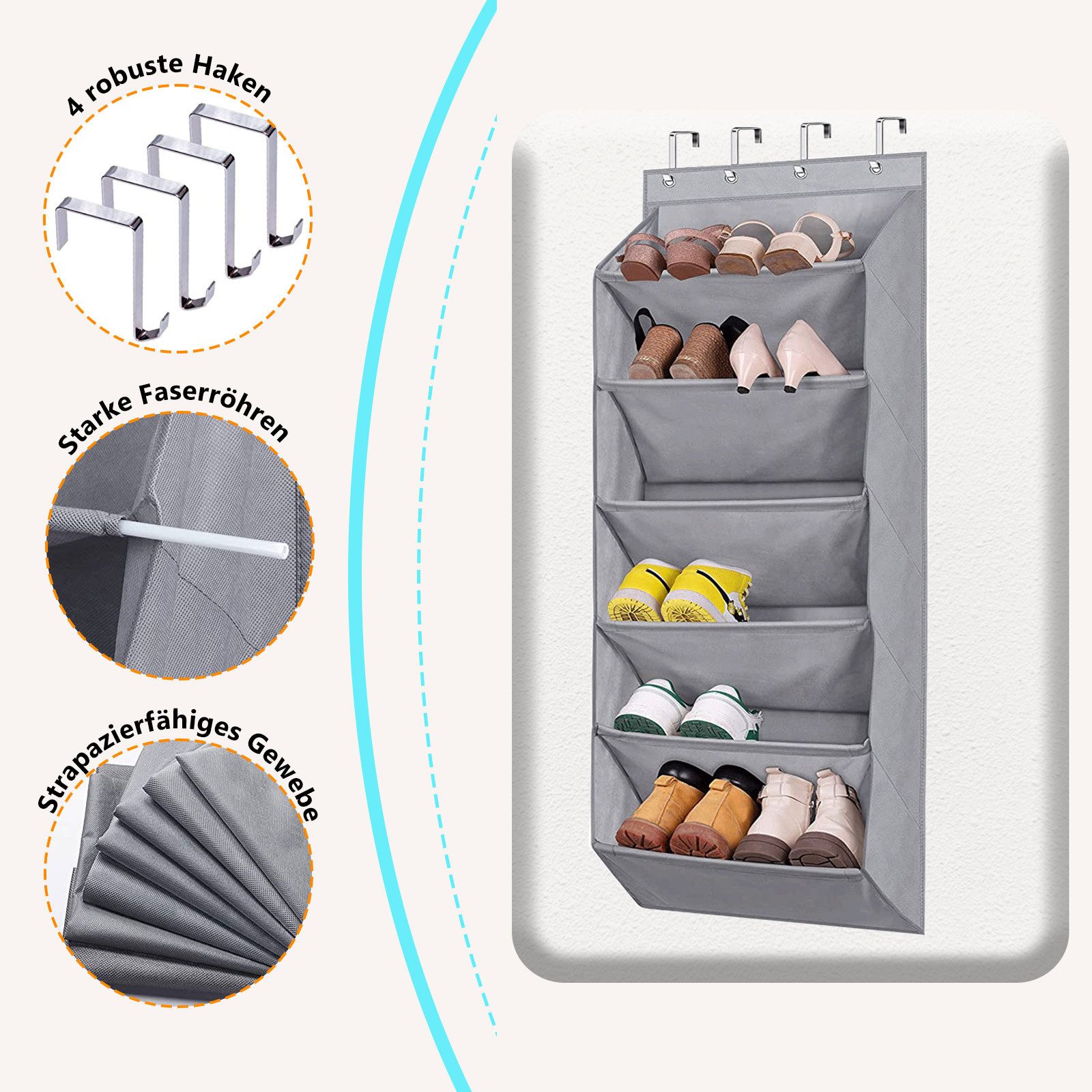 Schuhregal Hängeorganizer mit 6-Lagiges und 4 Haken,Tür-Schuhregal mit Organizer