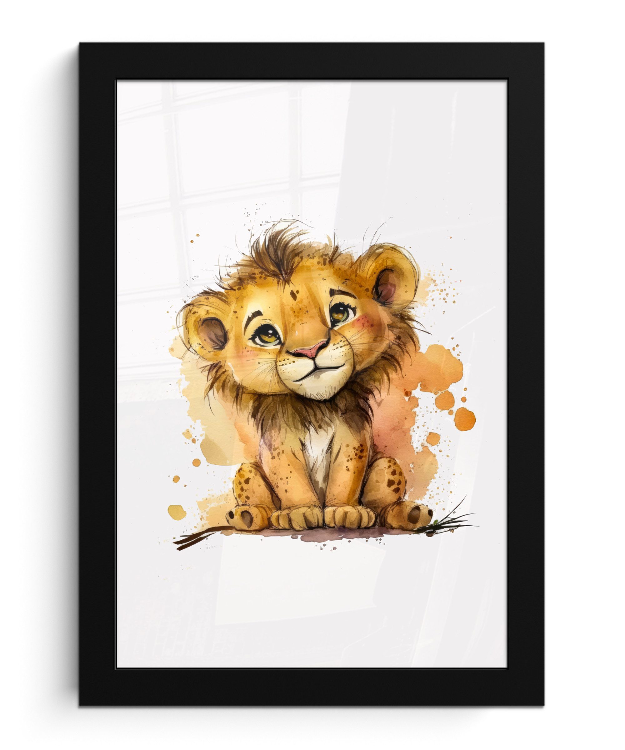 MuchoWow Poster Löwe - Aquarell - Braun - Tiere - Mädchen - Jungen, (1 St), Bilderrahmen, Zimmer Deko, Bild für Wohnzimmer, 20x30 cm