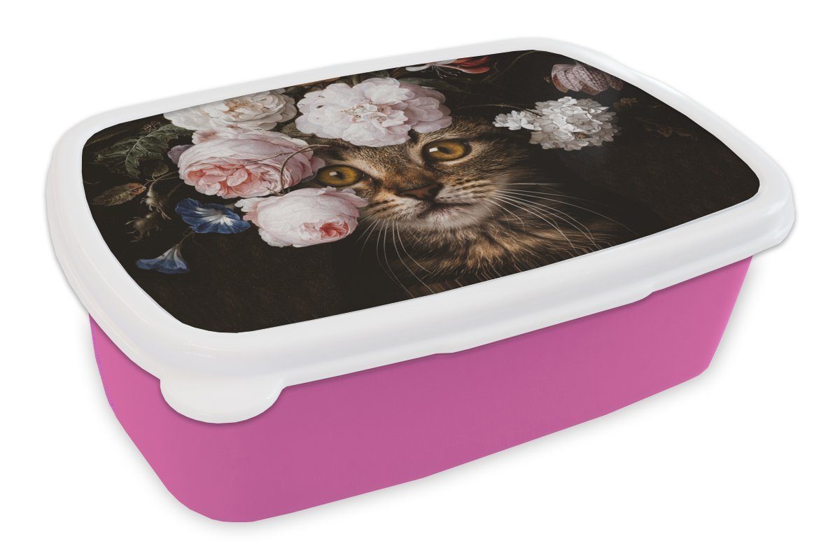 MuchoWow Lunchbox Katze - Blumen - Kunst, Kunststoff, (2-tlg), Brotbox für Erwachsene, Brotdose Kinder, Snackbox, Mädchen, Kunststoff rosa