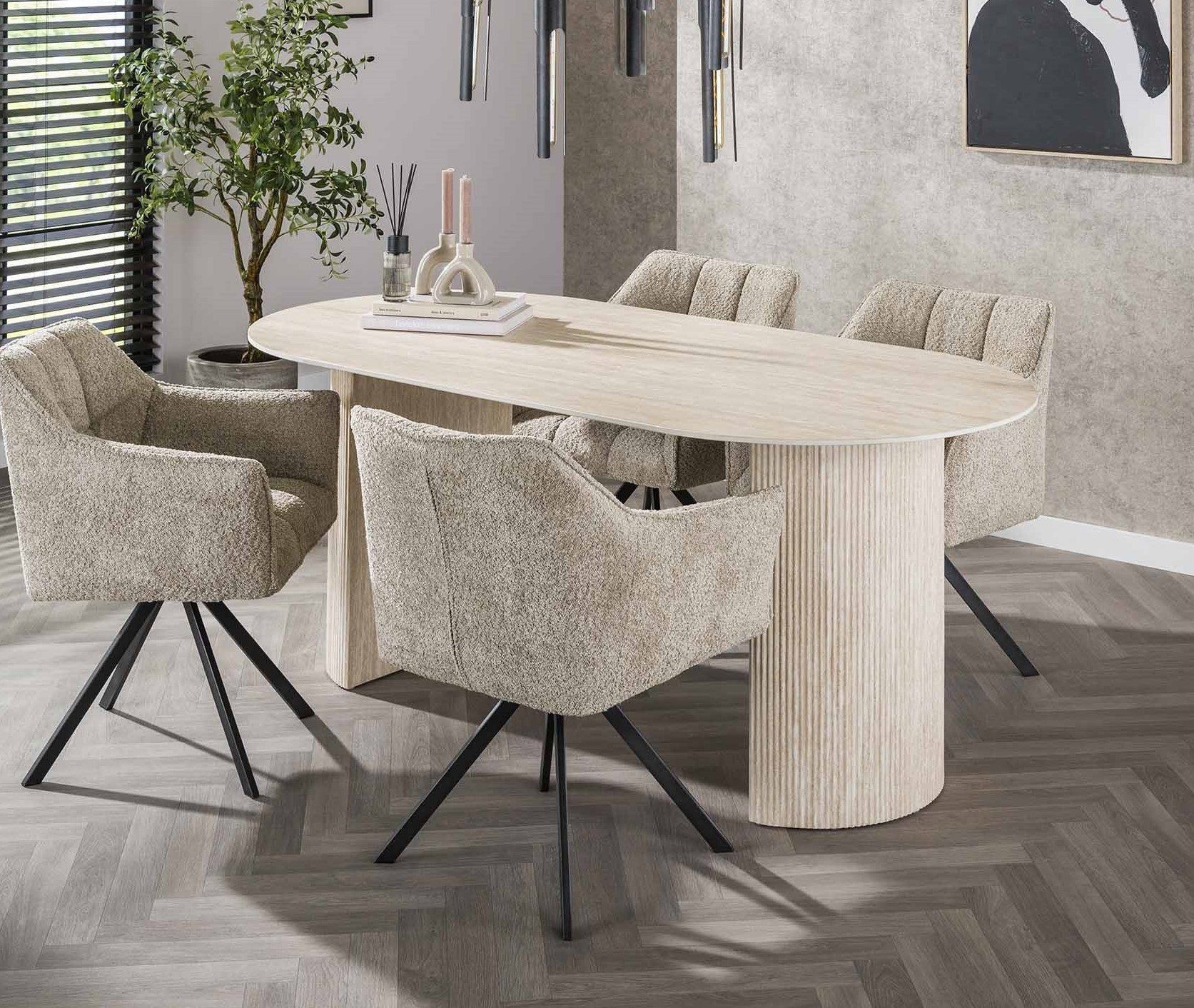 LEVEN Lifestyle Esstisch Esszimmertisch FLORENZO Eleganz in Travertin-Optik 180 cm oval, hochwertige Keramik-Tischplatte im Travertin Look