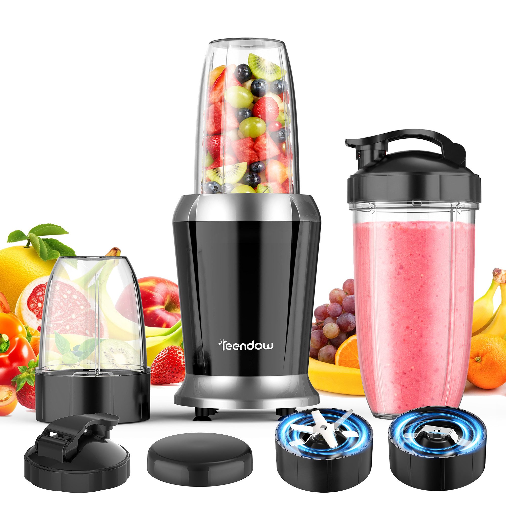 Teendow Standmixer Smoothie Maker Mixer 1200W Hochleistungsmixer HNB607, 1200 W, 1.1L, 6 Klingen, Leicht zu tragen, Sicher, rutschfest