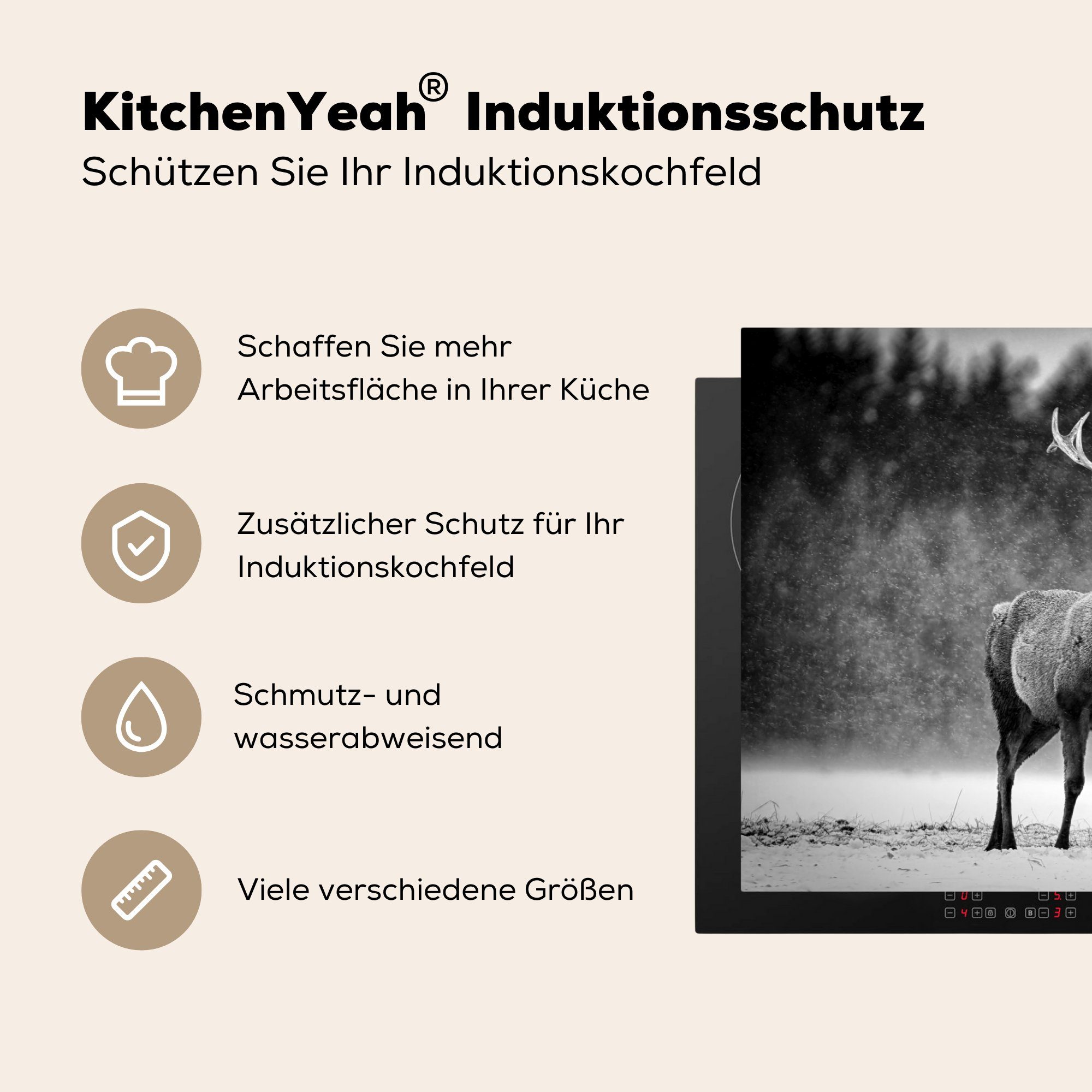 tlg), 81x52 Ceranfeldabdeckung, Winter Tiere - Hirsche Schwarz für Weiß, - Herdblende-/Abdeckplatte Vinyl, MuchoWow (1 - küche - cm, Arbeitsplatte