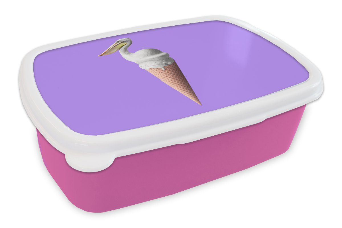 MuchoWow Lunchbox Eis - Vogel - Pelikan - Weiß - Eiswaffel, Kunststoff, (2-tlg), Brotbox für Erwachsene, Brotdose Kinder, Snackbox, Mädchen, Kunststoff rosa