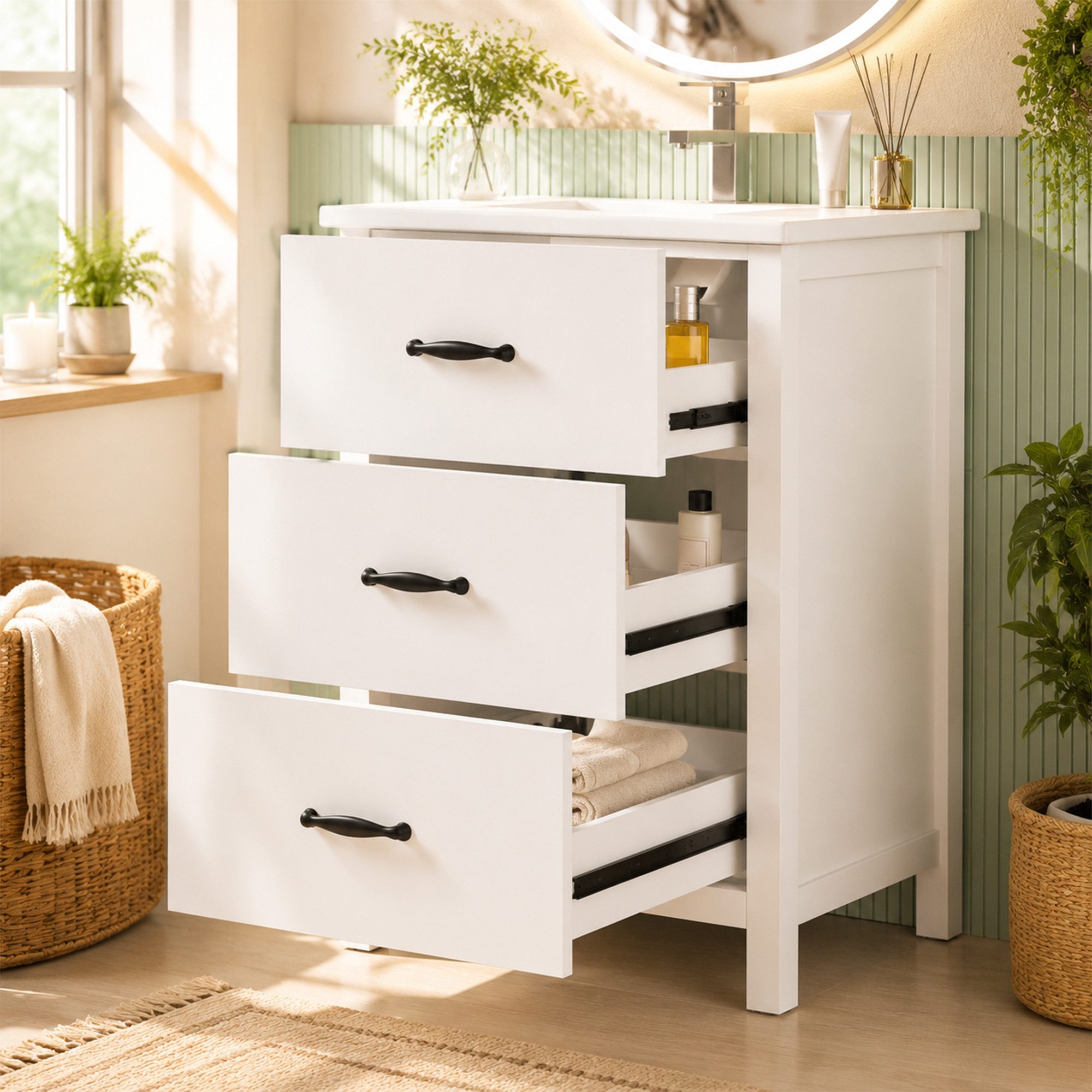 Flieks Waschtisch mit 3 Schubladen, Waschbeckenunterschrank inkl. Keramik-Waschbecken (61,3x46,5x82,5 cm, 1-St), freistehend Badezimmerschrank mit Keramikbecken Badmöbel Weiß