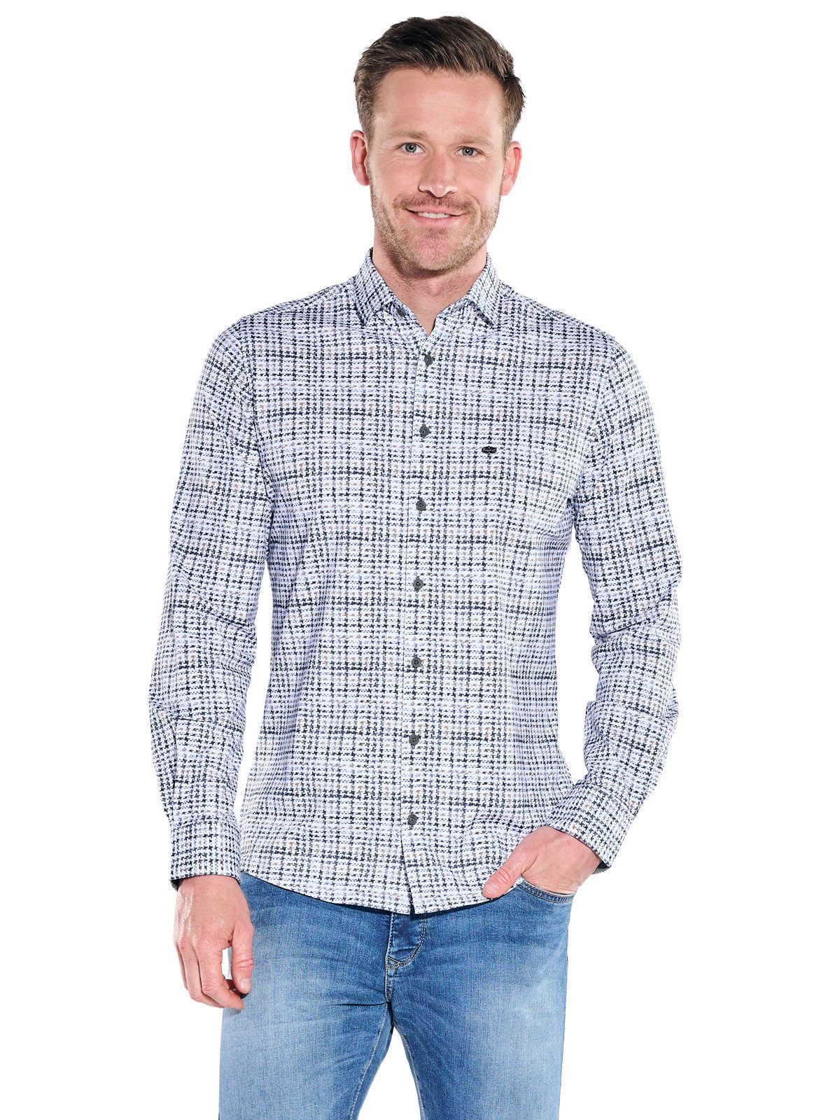 Engbers Langarmhemd Herren Elstisches Langarm Hemd in Pepita Optik, Saphirblau