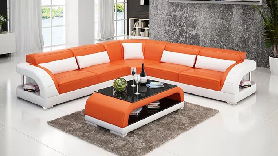 JVmoebel Ecksofa Ledersofa Design Wohnzimmer Couchen Günstige Polster Möbel Sofa Neu Orange/Weiß