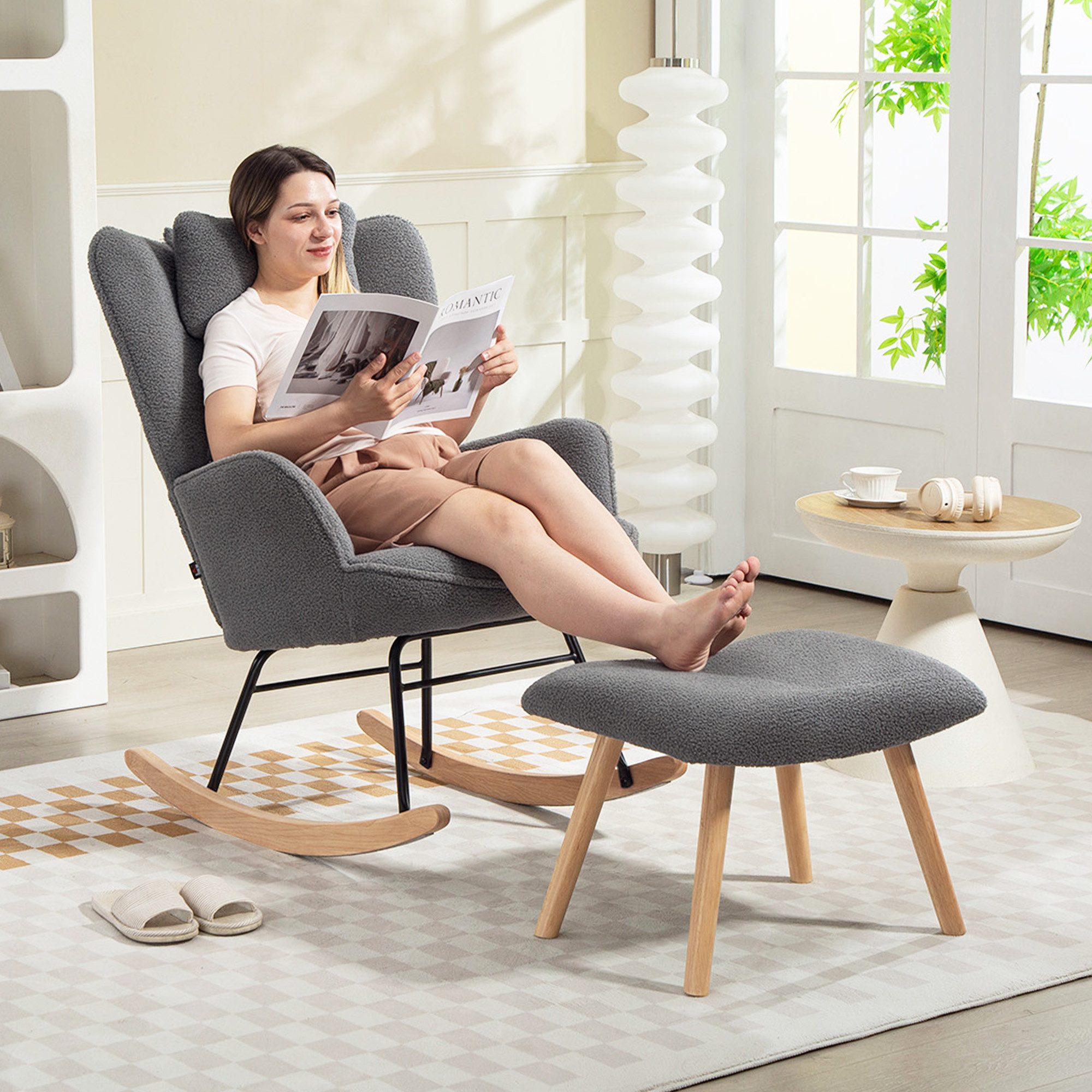 HOMCOM Schaukelsessel Schwingsessel mit Lendenkissen, Kopfstütze, Relaxsessel (Schwingstuhl, 2-St., Schaukelstuhl und Fußhocker), Stillsessel für Wohnzimmer, Schlafzimmer Dunkelgrau