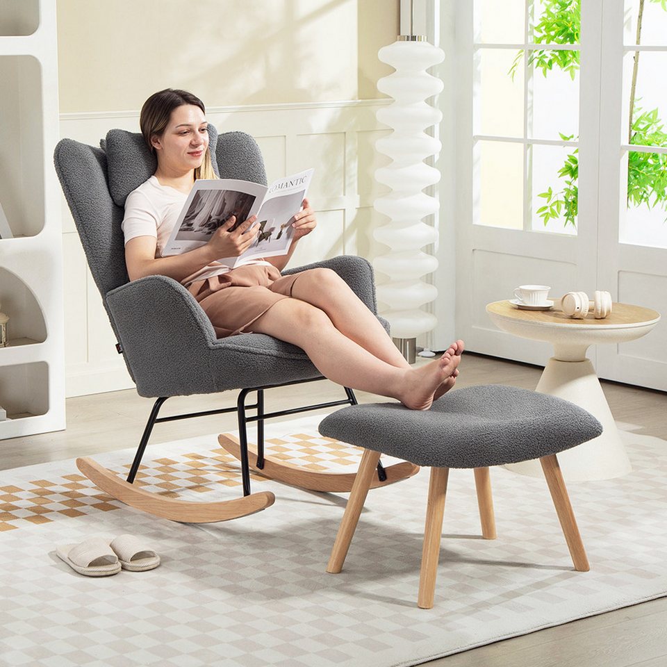 HOMCOM Schaukelsessel Schwingsessel mit Lendenkissen, Kopfstütze, Relaxsessel (Schwingstuhl, 2-St., Schaukelstuhl und Fußhocker), Stillsessel für Wohnzimmer, Schlafzimmer Dunkelgrau