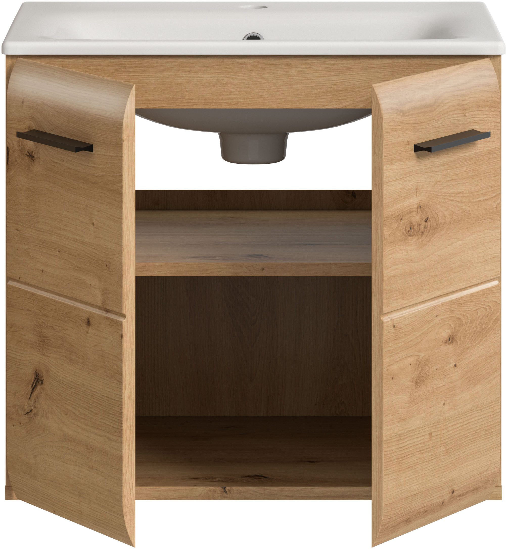 welltime Waschbeckenunterschrank FLORENZ, Breite 60 cm, inkl. Waschbecken, hängende Montage (2-St., TOPSELLER) hochwertige MDF Front, Griff schwarz, Badschrank, – Bild 4 von 5