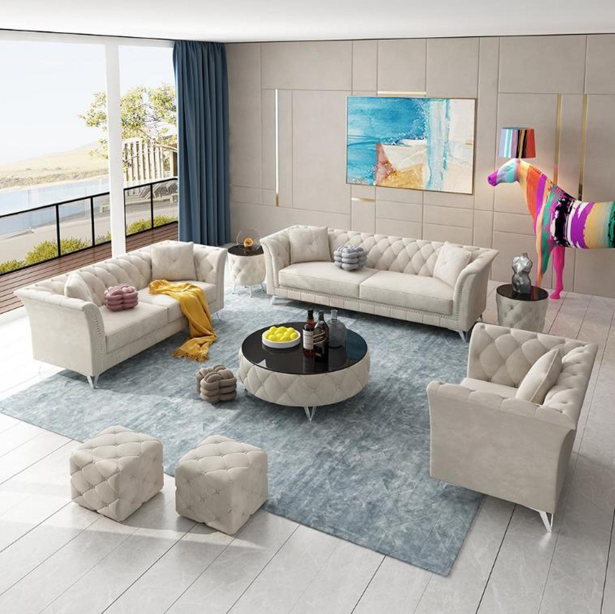 JVmoebel Wohnzimmer-Set Chesterfield Set 8tlg Garnitur Weiß Couch Couchtisch Set Beistelltisch Sofa