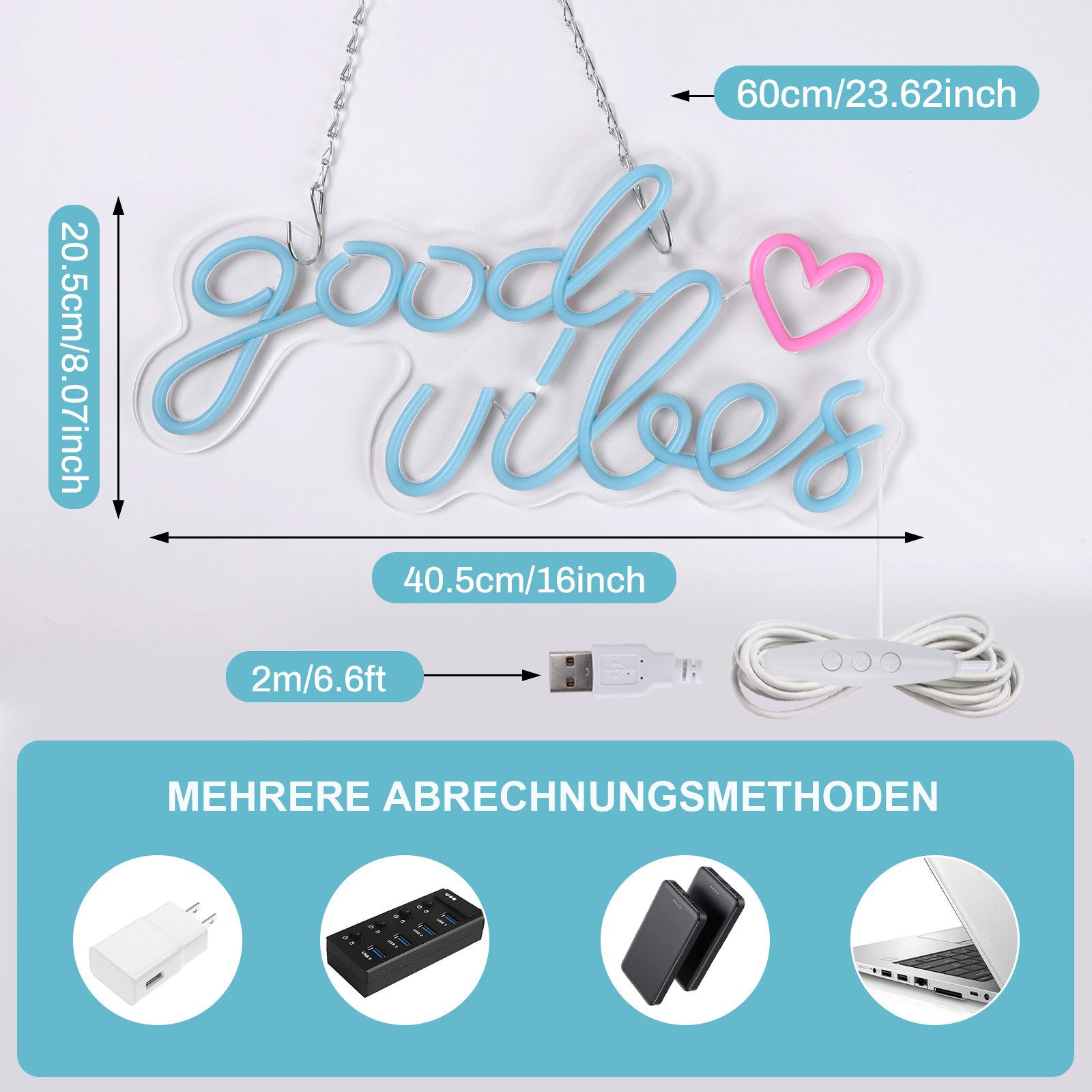 JIBENNEON Dekolicht LED-Neonlicht Good Vibes Dimmer,Blau/Rosa LED Neon Lampe USB, USB betrieben,für Geburtstagsfeier, Hochzeitsdekoration