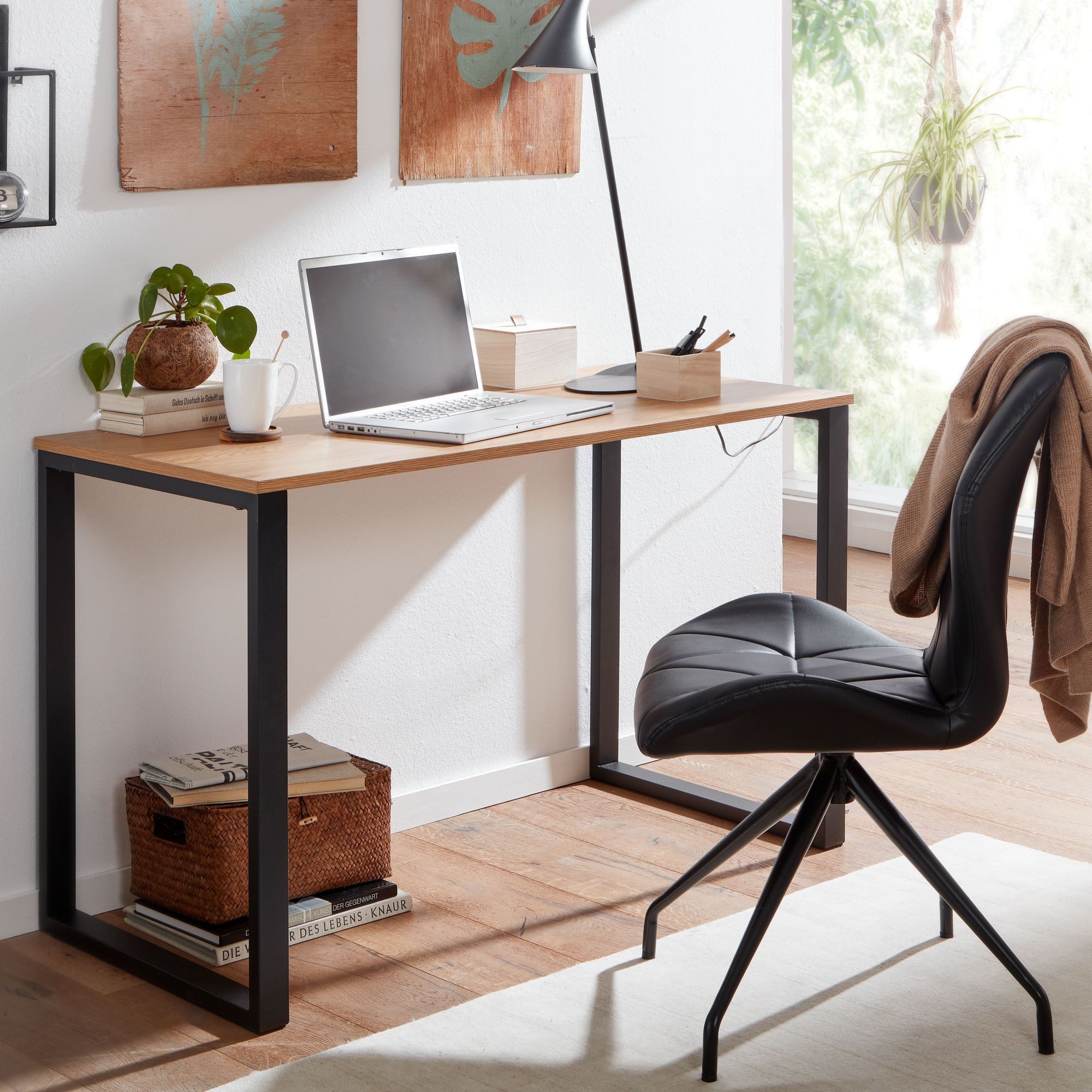 FINEBUY Schreibtisch FB77703 Bürotisch Eiche Schwarz 120x60x76 cm Computertisch Tisch (Laptoptisch Home-Office, Computertisch Metallbeine), Bürotisch Klein, Eiche-Dekor / Schwarz 120x60x76