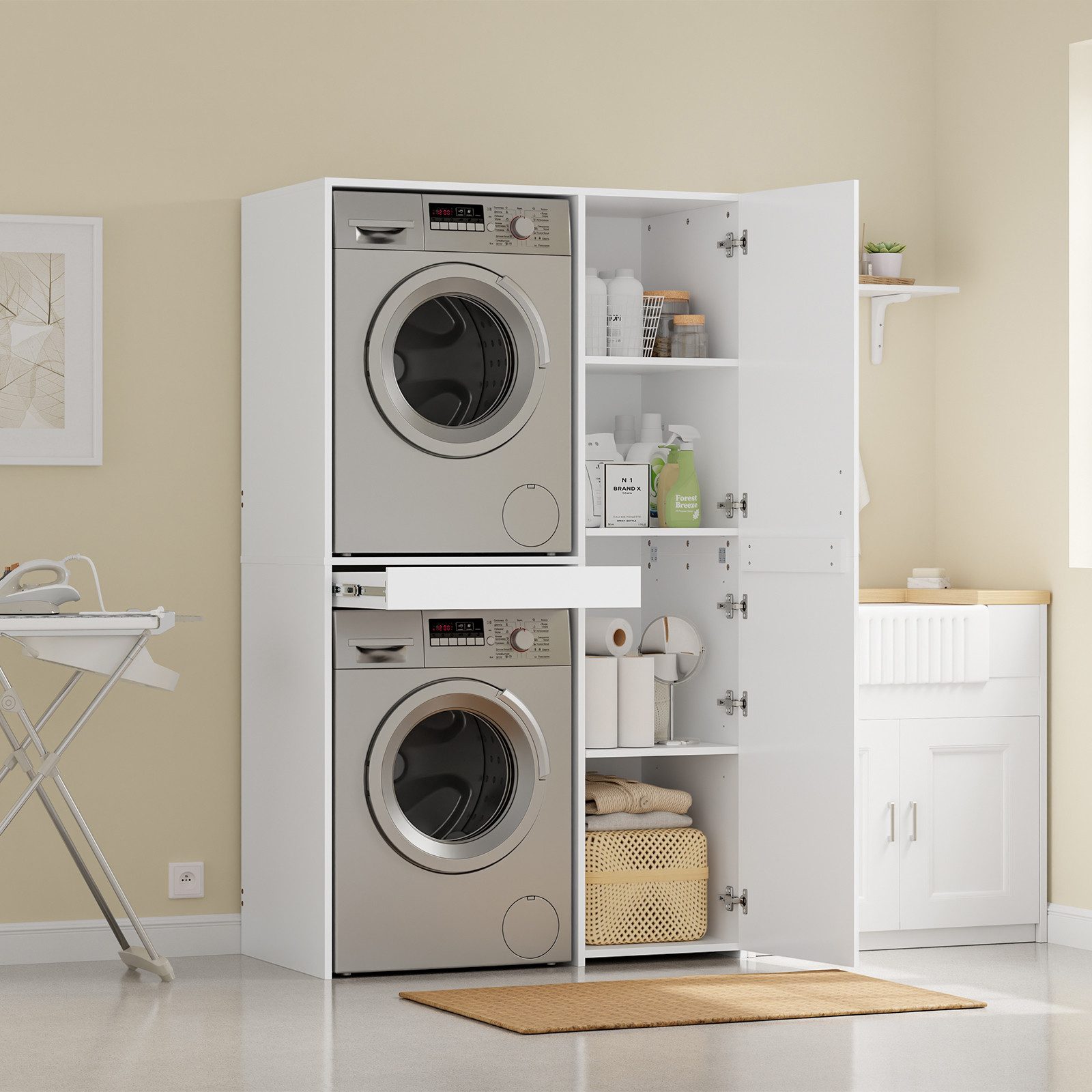 SoBuy Waschmaschinenunterschrank BZR231, Waschmaschinenschrank, Trocknerschrank, für Bad, Waschküche Waschmaschinenumbauschrank Stapelbar für Waschmaschine & Trockner