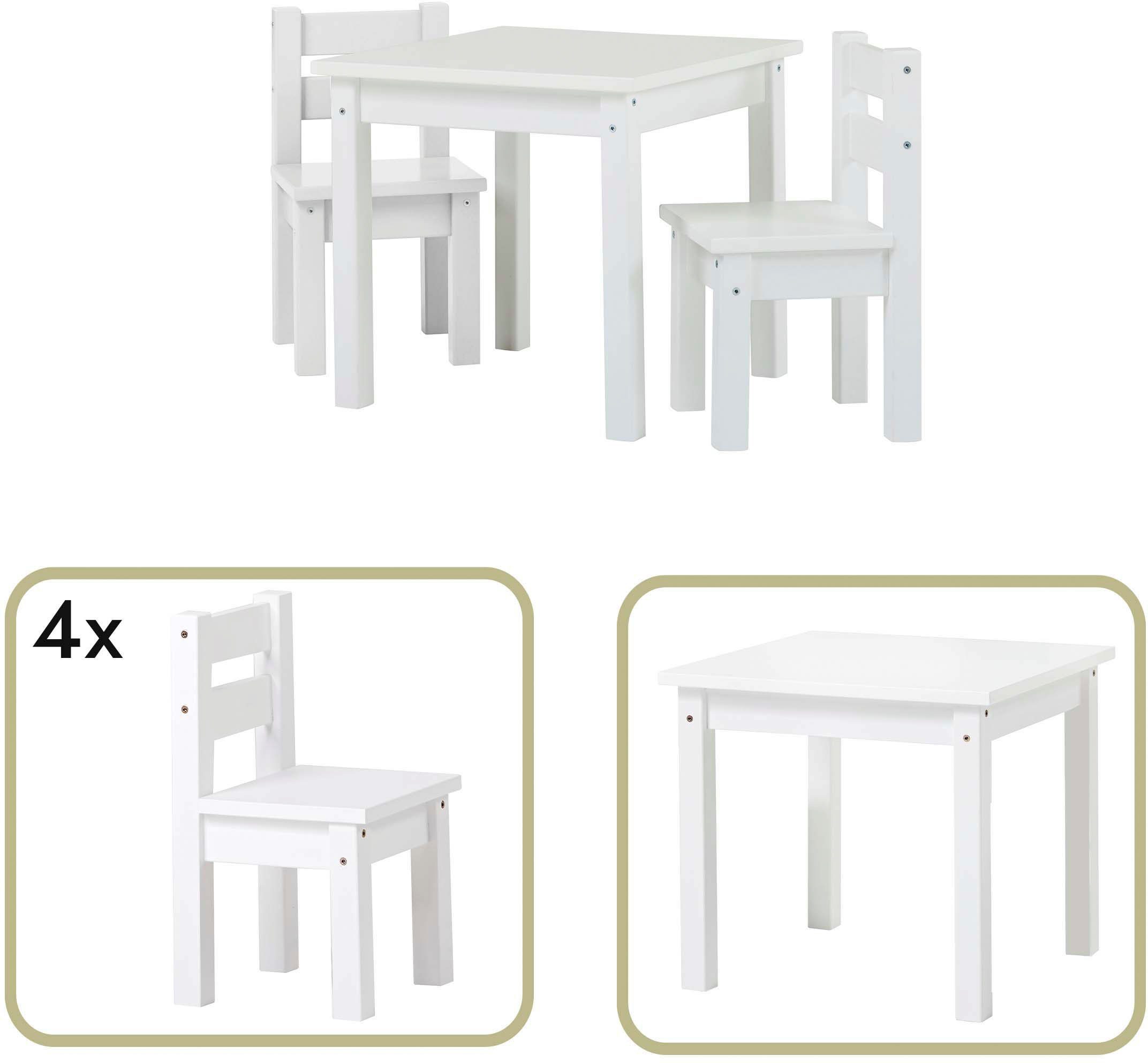 Stühle), vier 1 vielen weiß Kindersitzgruppe, Stühlen in Kindersitzgruppe Tisch, Farben, mit 4 MADS Hoppekids 5-tlg., (Set,