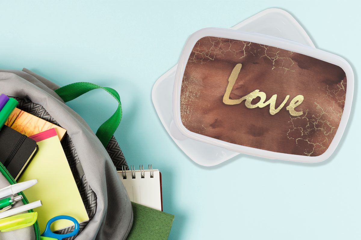 MuchoWow Lunchbox Zitat - (2-tlg), für Brotbox - Gold, Jungs Brotdose, Kinder für Braun Erwachsene, weiß und Kunststoff, und Mädchen - Liebe