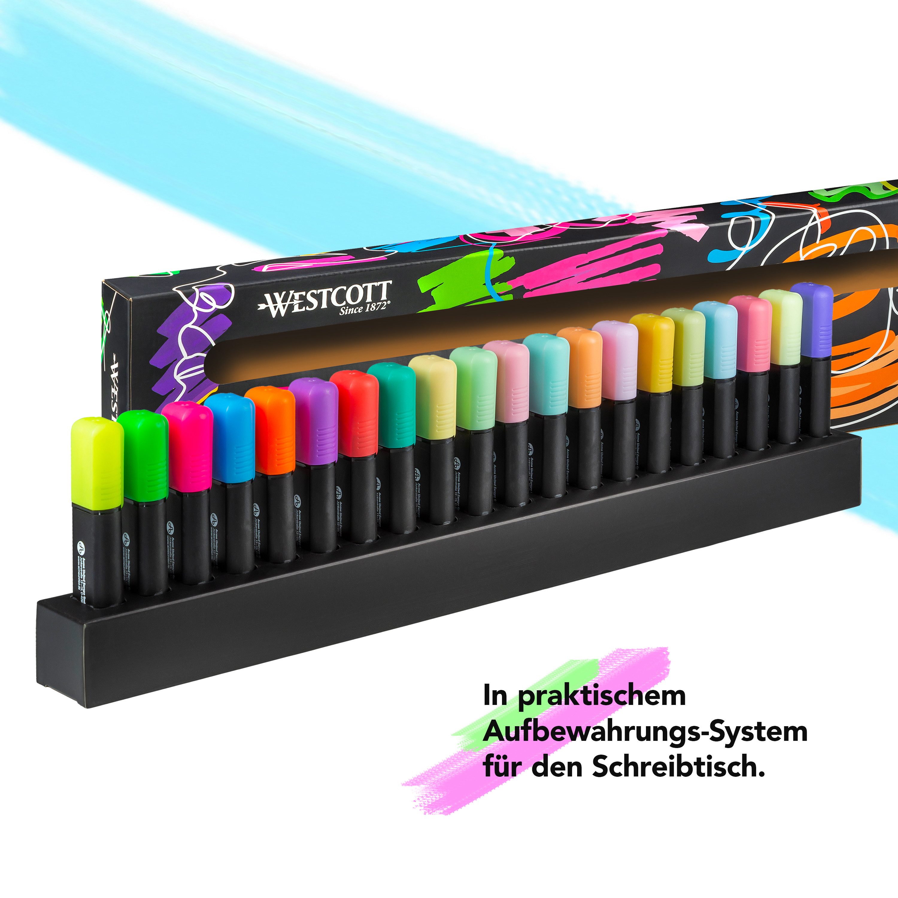 WESTCOTT Marker Tischset 20 Stück Neon & Pastell, Textmarker Highlighter in Halterung, (Vorteilspack, 20-tlg), 2-5 mm Strichstärke, Premium Tinte aus Deutschlan – Bild 5 von 5